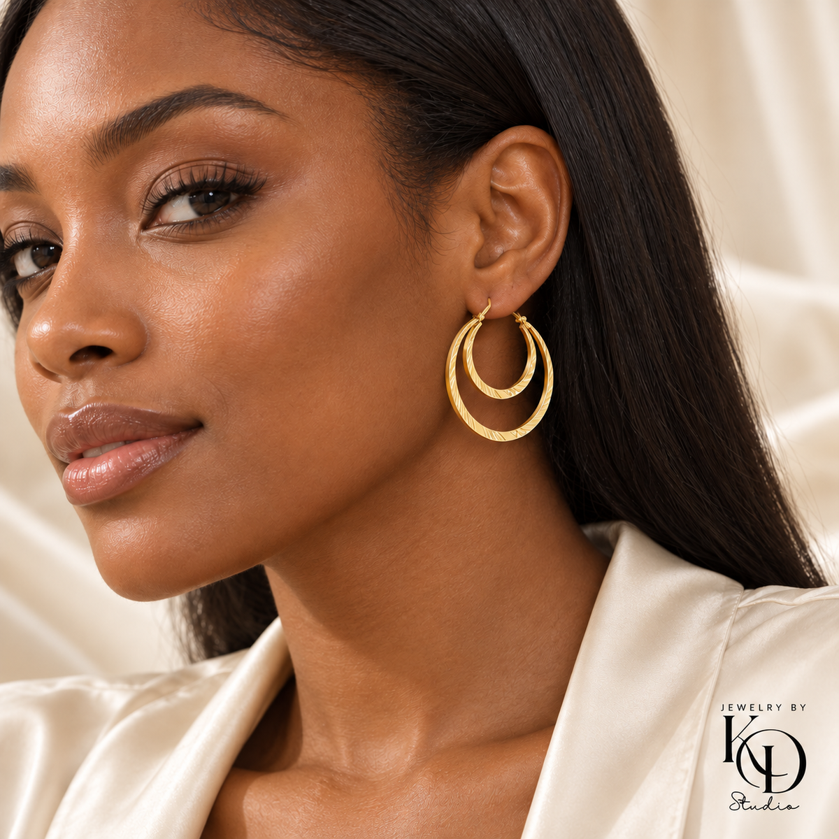 Double Take Hoop Earrings worn by a model — Jewelry by KD Studio