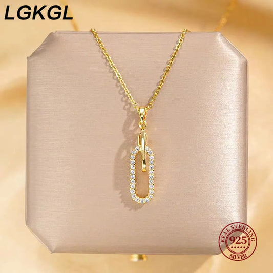 Elegant Inlay Paper Clip Oval CZ Pendant Necklace