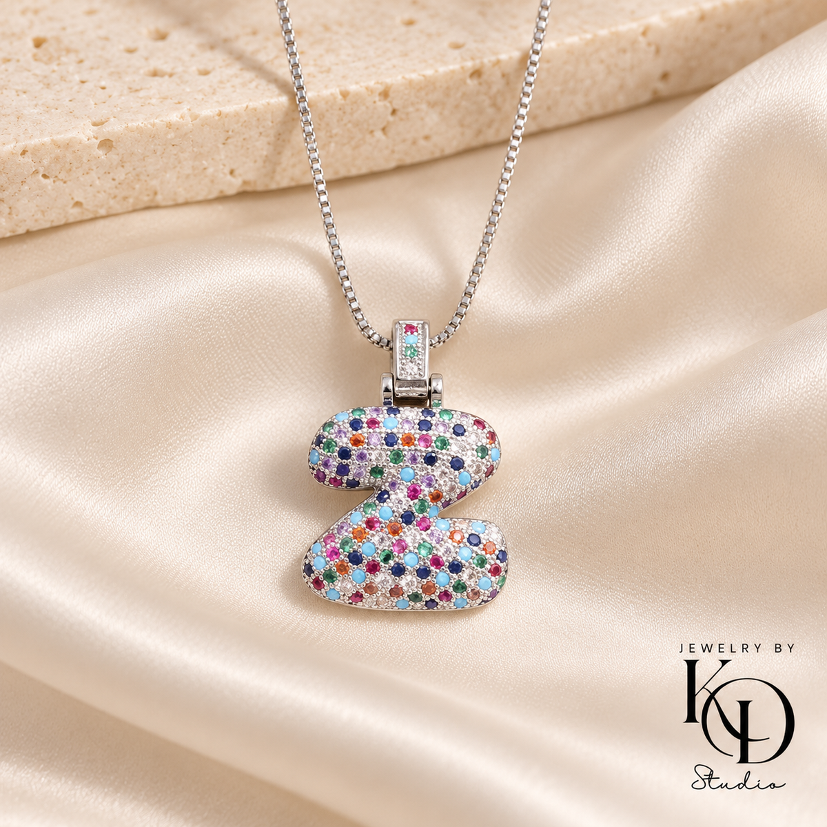 Puffy Rainbow Initial Necklace — Z silver