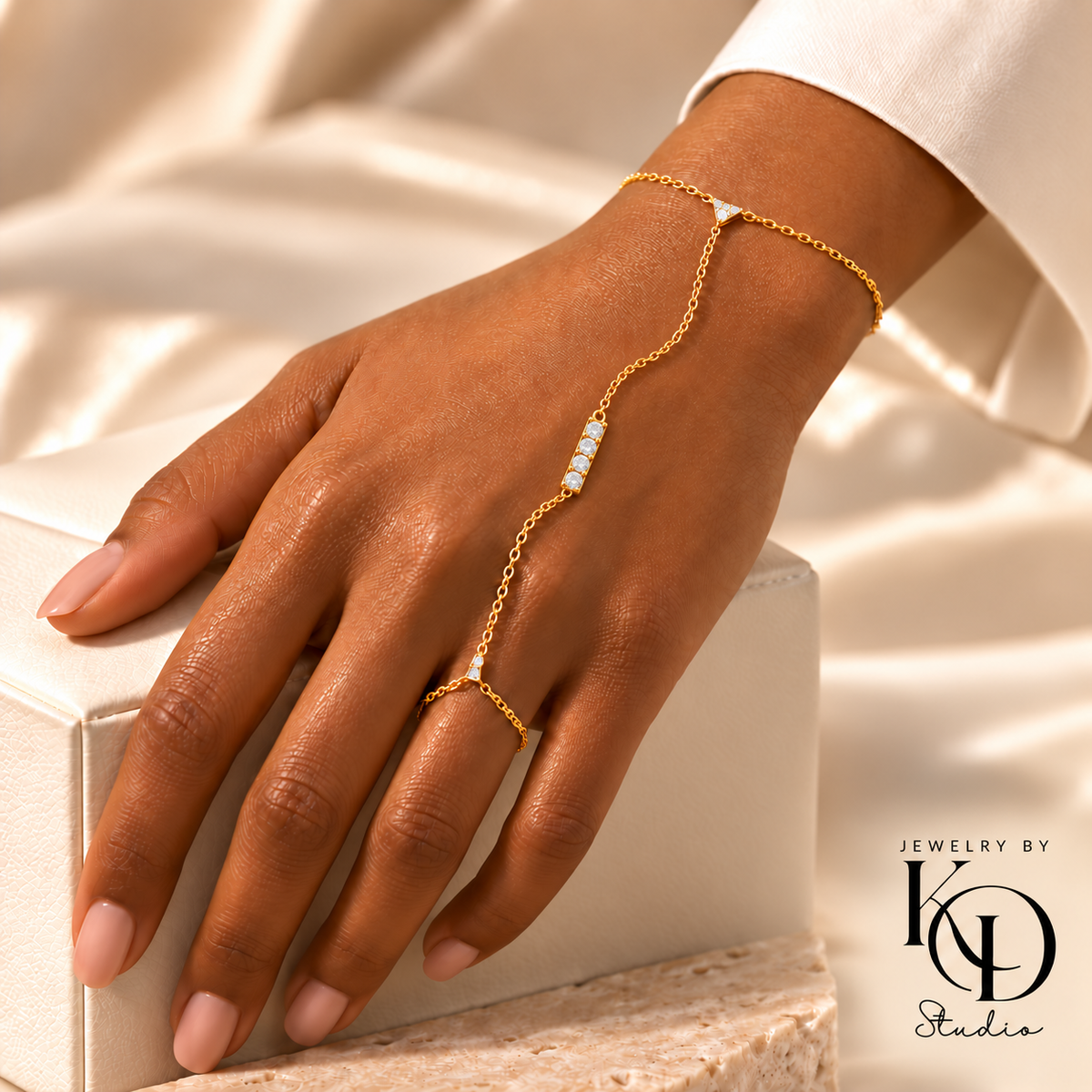 Rich Vibes Hand Chain with four CZs in a joined gold setting