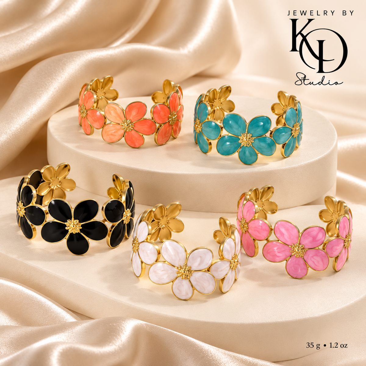Rich Vibes Bloom Enamel Cuff Bracelet | 18K Gold Plated
