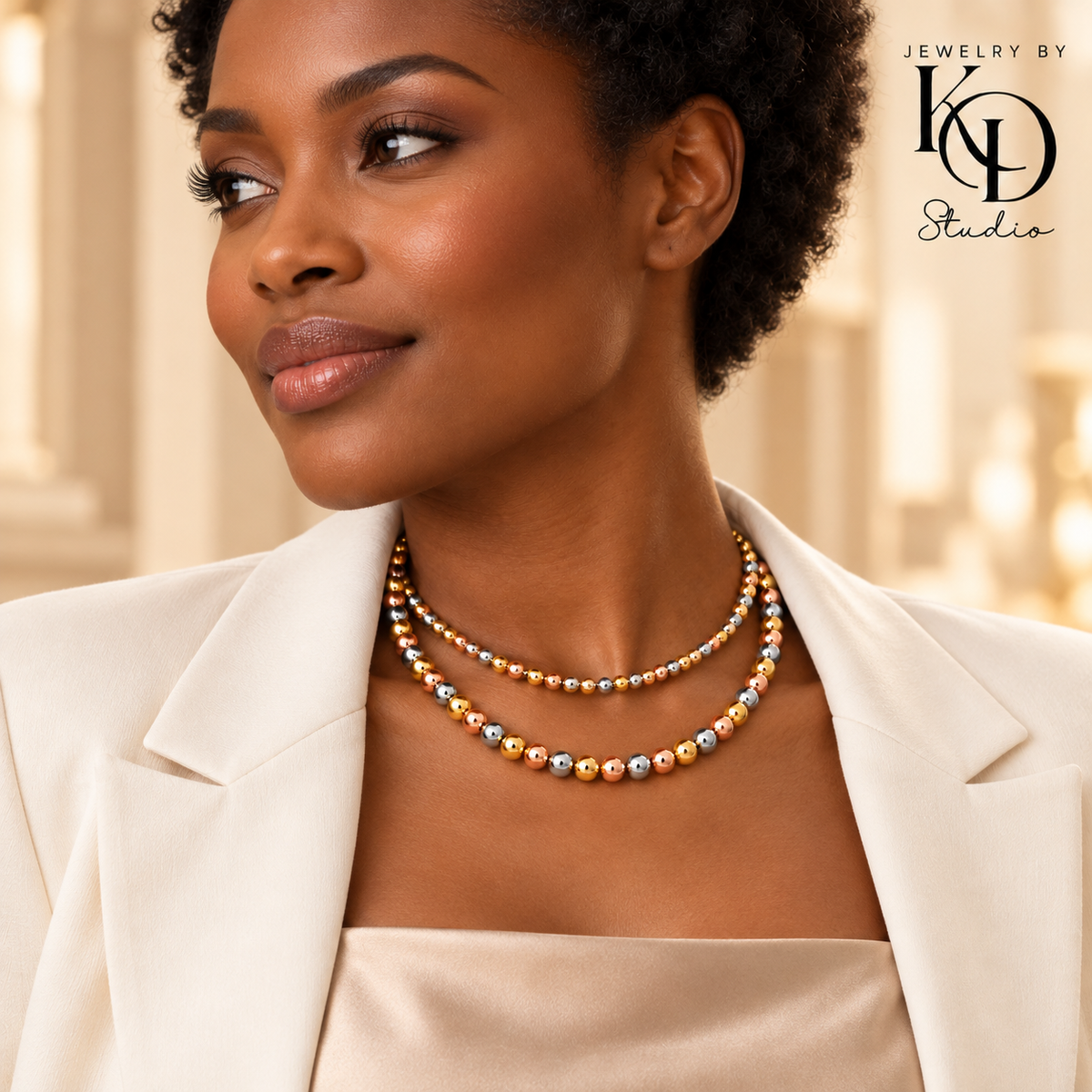 Golden Harmony Tri-Color Beaded Necklace | 18K Gold Plated