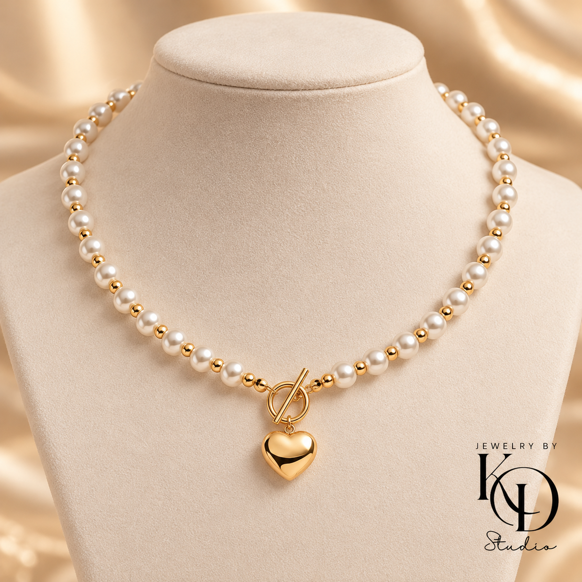 Golden Heart & Pearl Convertible Choker/Wrap Bracelet & Matching Bracelet | 18K Gold Plated | PVD Coated