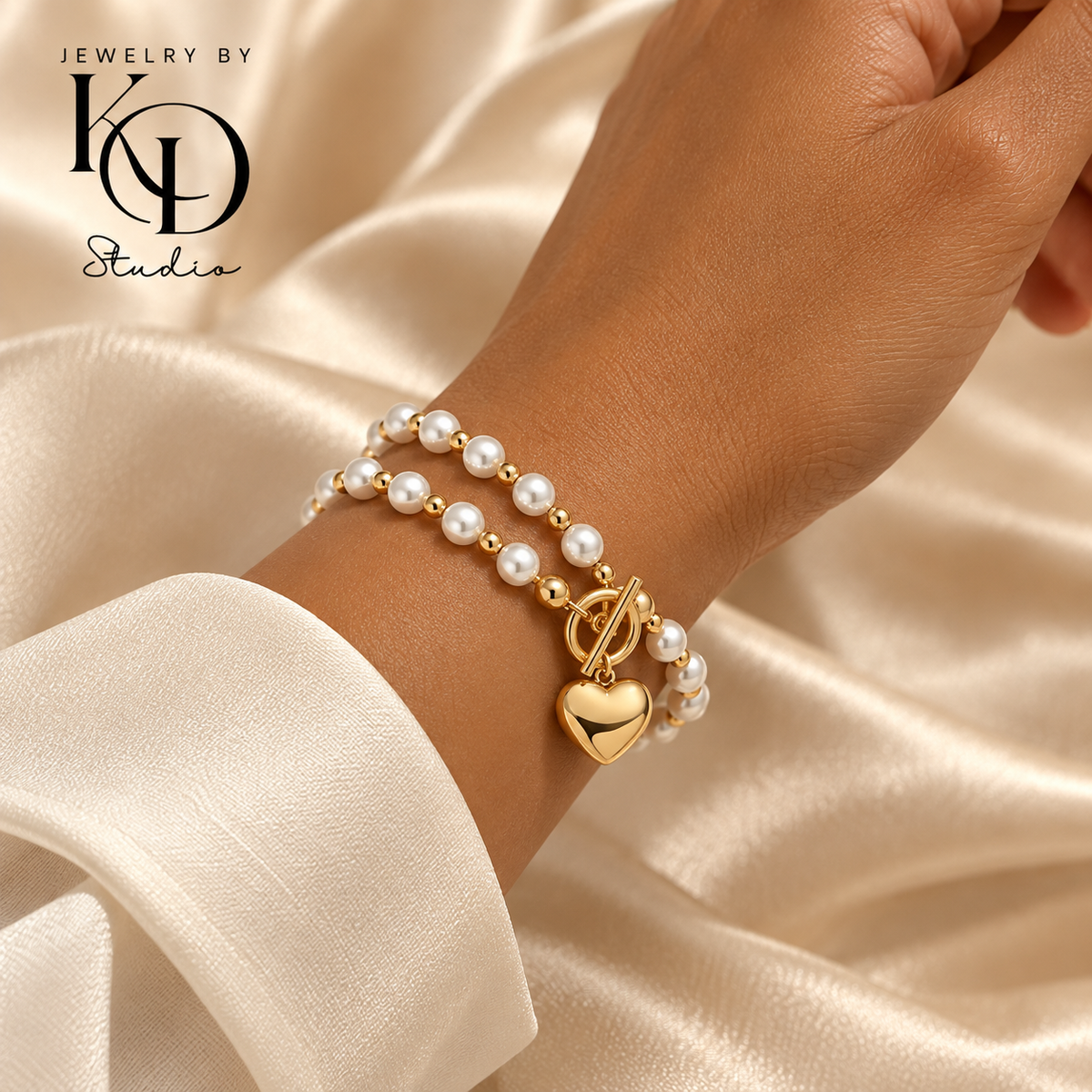 Golden Heart & Pearl Convertible Choker/Wrap Bracelet & Matching Bracelet | 18K Gold Plated | PVD Coated