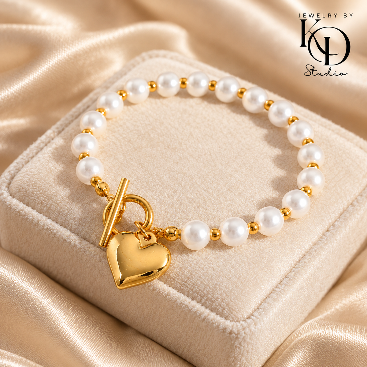 Golden Heart & Pearl Convertible Choker/Wrap Bracelet & Matching Bracelet | 18K Gold Plated | PVD Coated