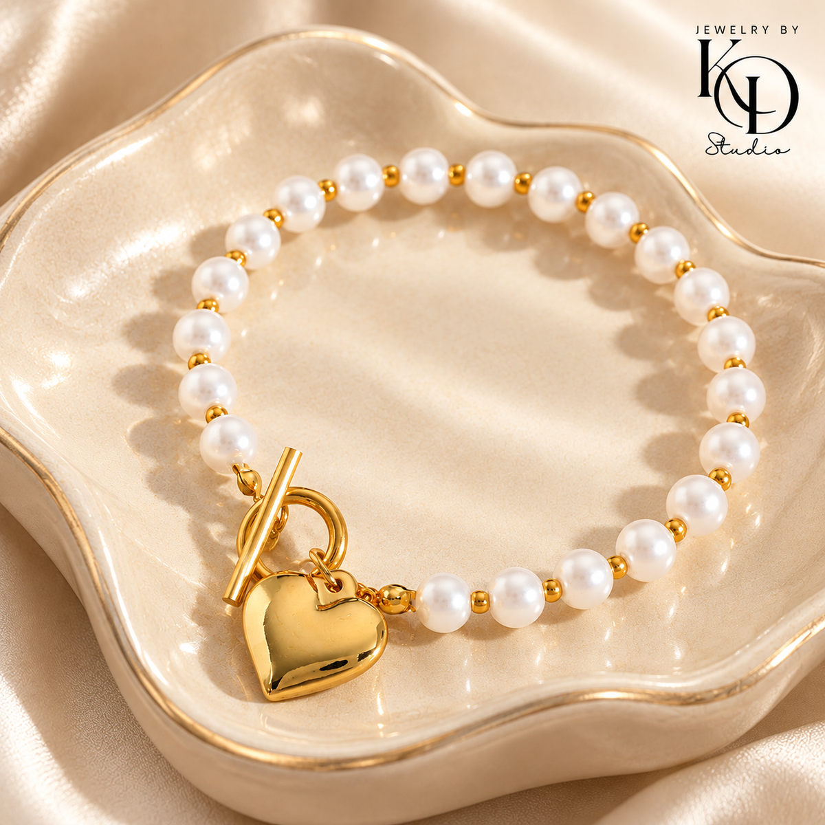 Golden Heart & Pearl Convertible Choker/Wrap Bracelet & Matching Bracelet | 18K Gold Plated | PVD Coated