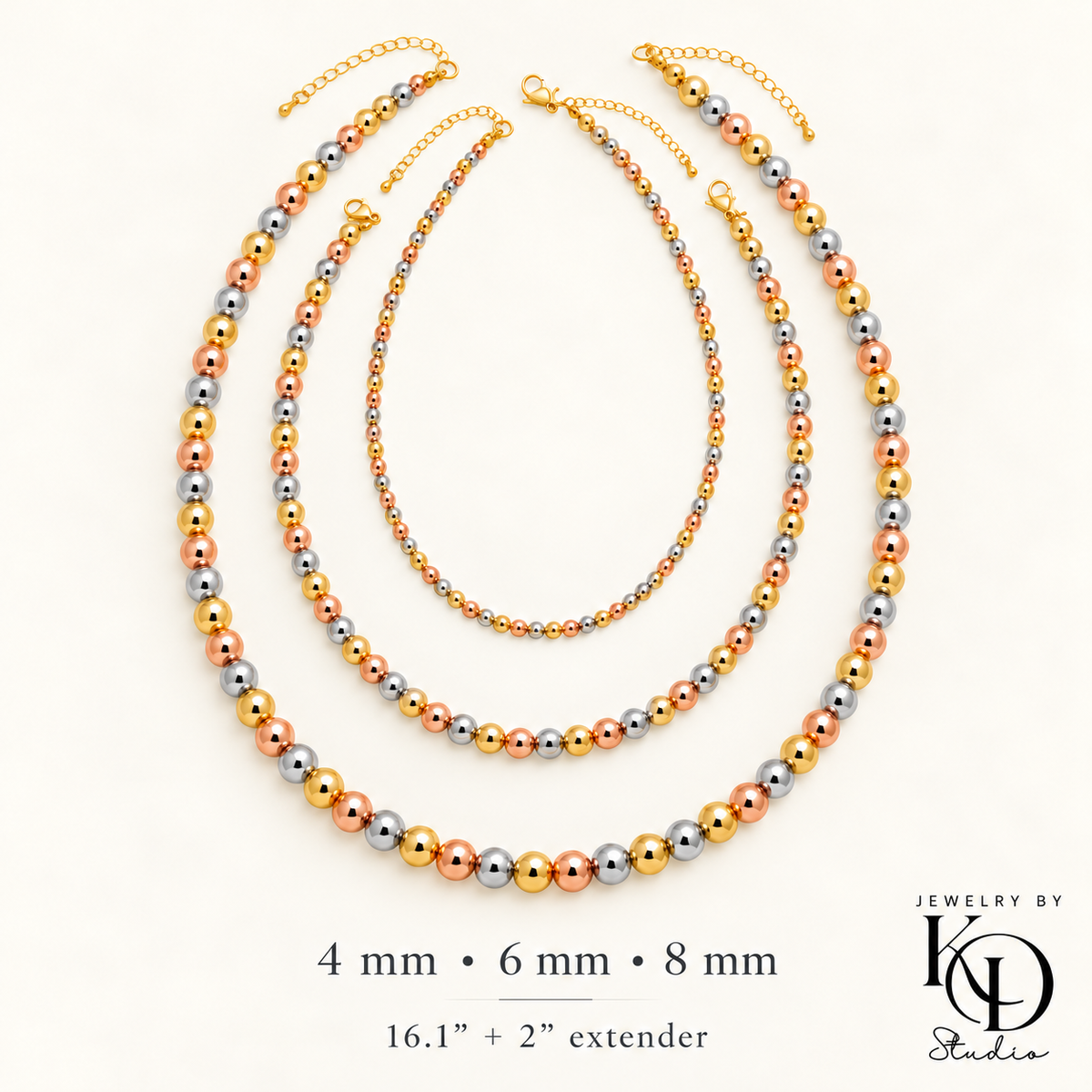 Golden Harmony Tri-Color Beaded Necklace | 18K Gold Plated