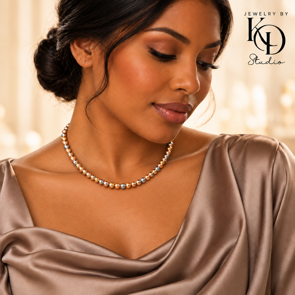 Golden Harmony Tri-Color Beaded Necklace | 18K Gold Plated