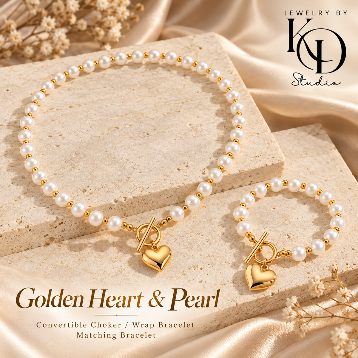 Golden Heart & Pearl Convertible Choker/Wrap Bracelet & Matching Bracelet | 18K Gold Plated | PVD Coated