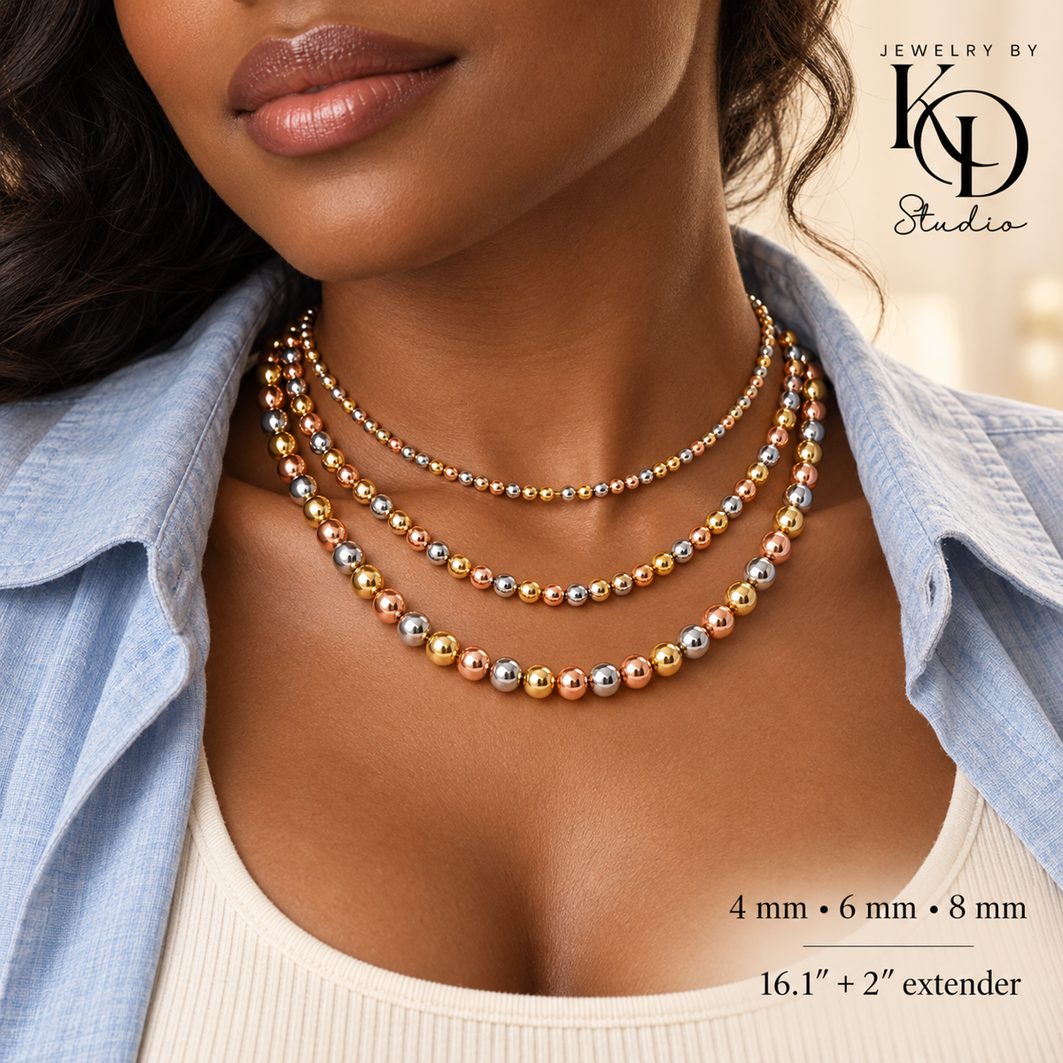 Golden Harmony Tri-Color Beaded Necklace | 18K Gold Plated