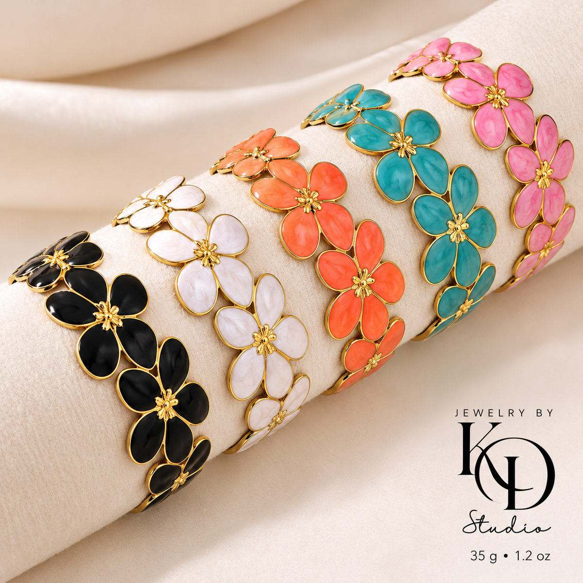 Rich Vibes Bloom Enamel Cuff Bracelet | 18K Gold Plated