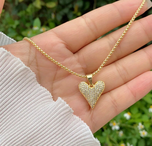 Rich Auntie Puffy CZ Gold Heart Necklace
