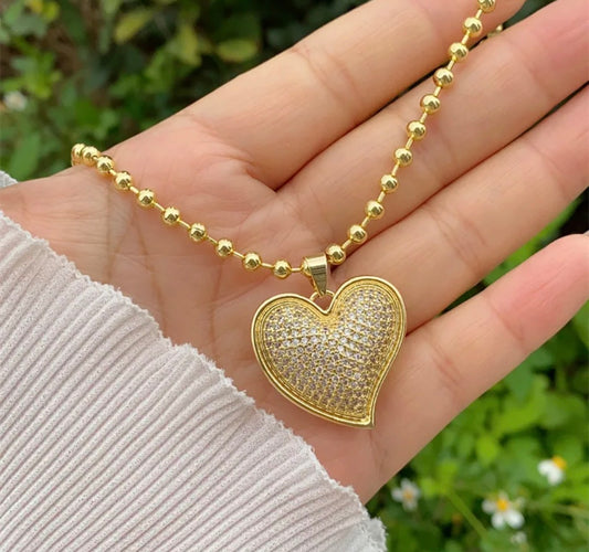 Bold Puffy CZ Gold Heart & Ball Necklace