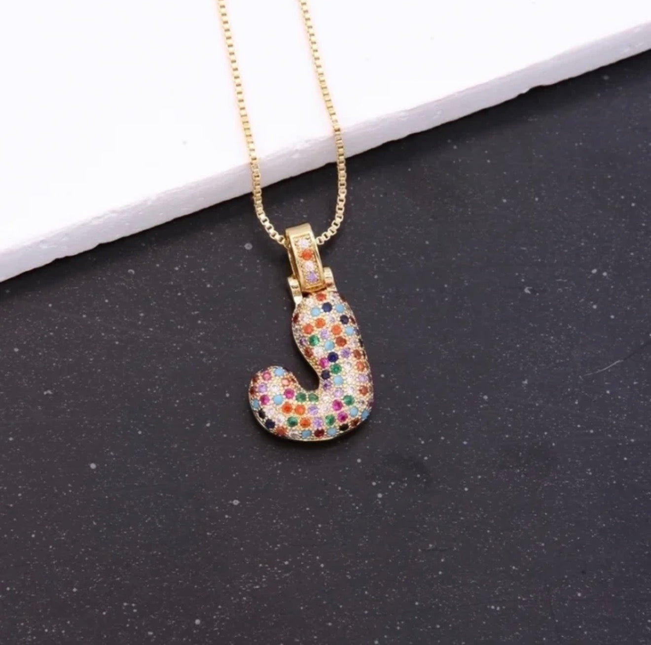 Puffy Rainbow CZ Initial Necklace