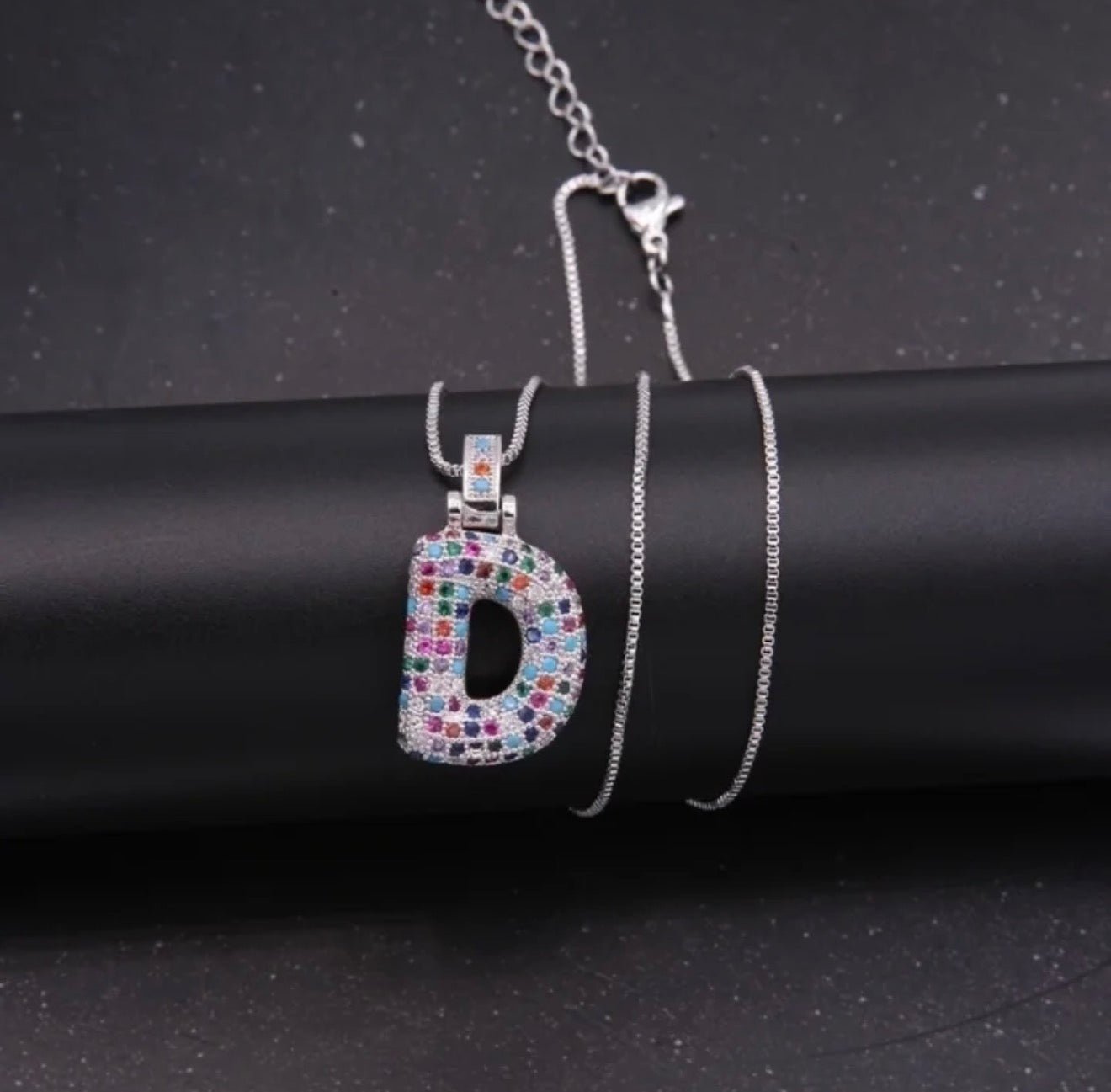Puffy Rainbow CZ Initial Necklace