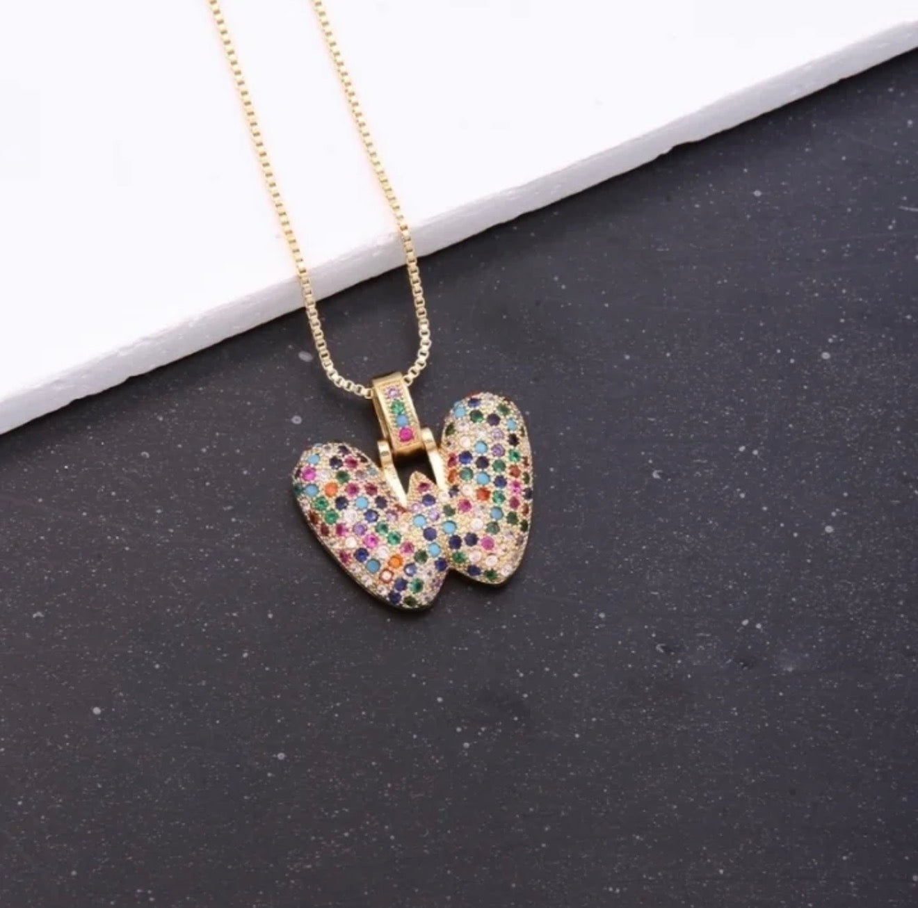 Puffy Rainbow CZ Initial Necklace