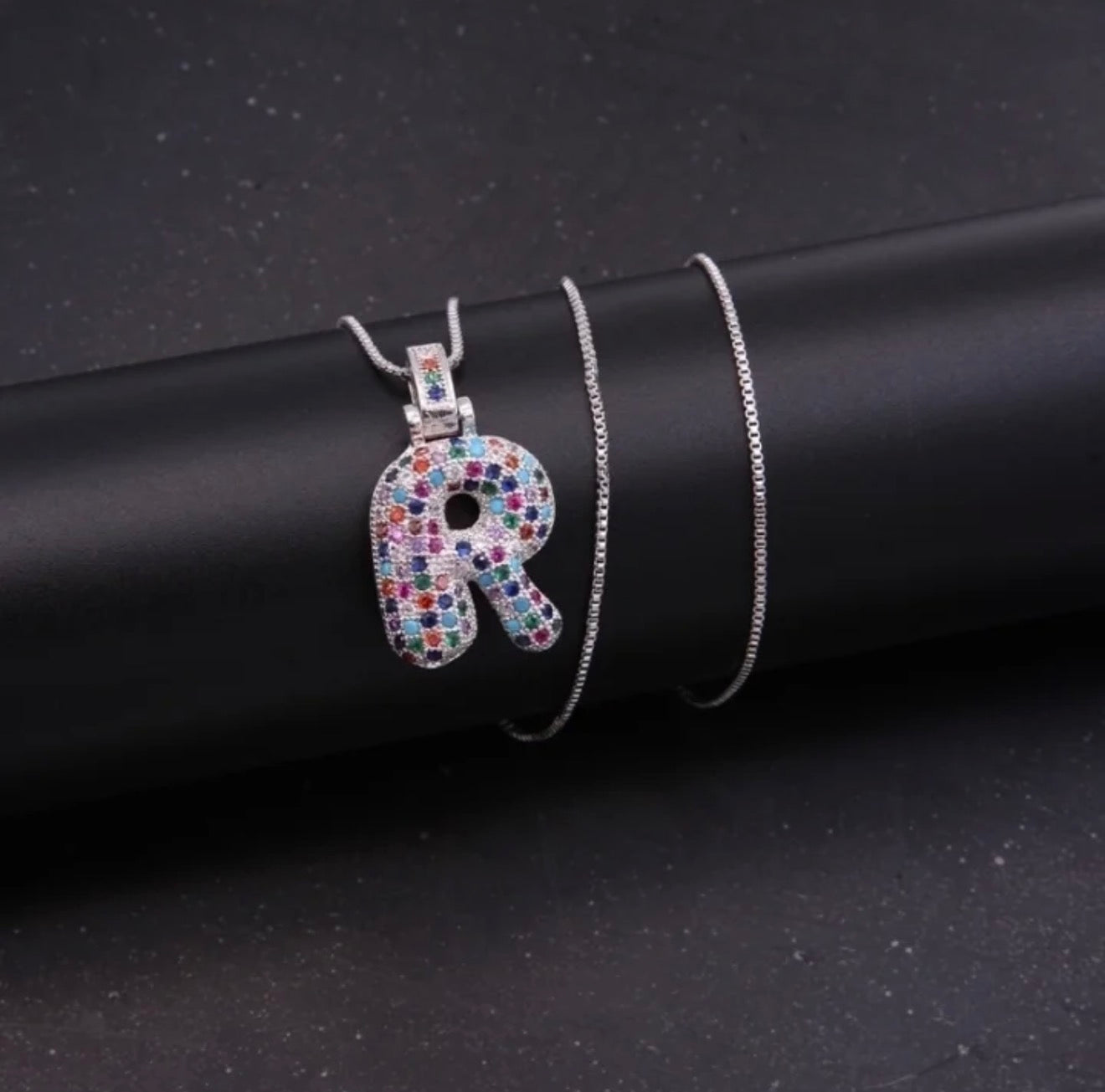 Puffy Rainbow CZ Initial Necklace