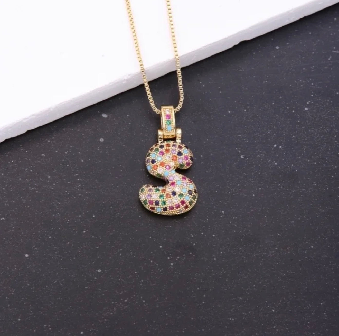 Puffy Rainbow CZ Initial Necklace