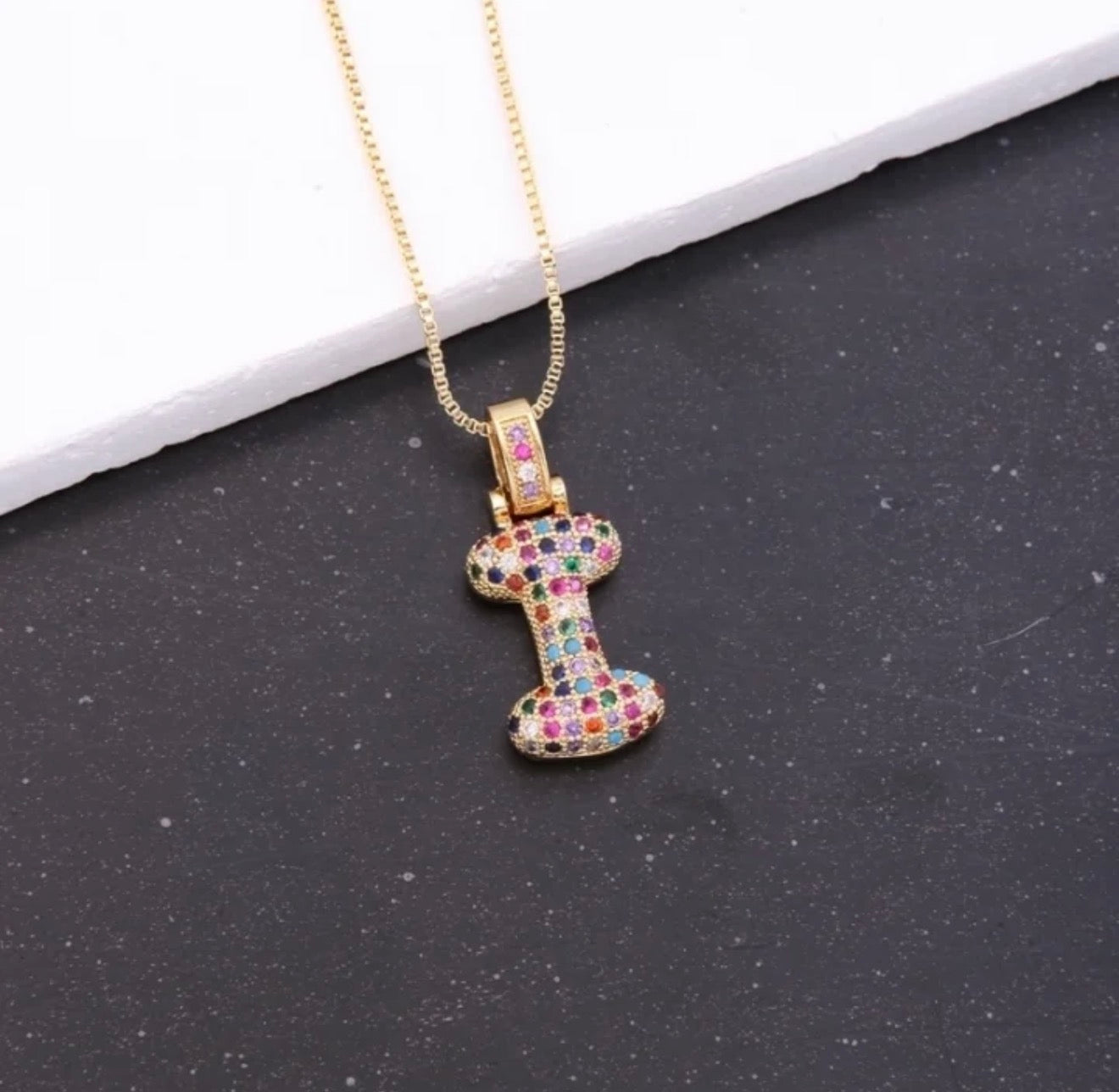 Puffy Rainbow CZ Initial Necklace
