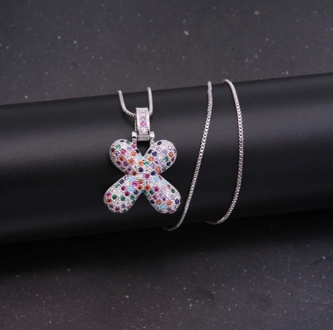 Puffy Rainbow CZ Initial Necklace