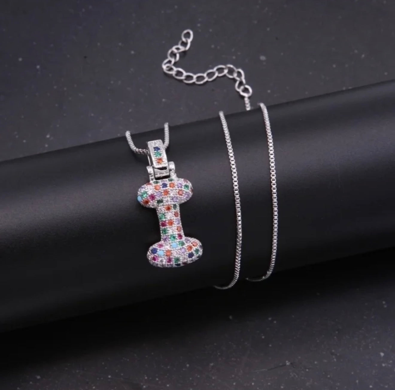 Puffy Rainbow CZ Initial Necklace