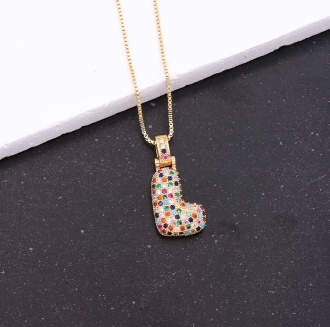 Puffy Rainbow CZ Initial Necklace