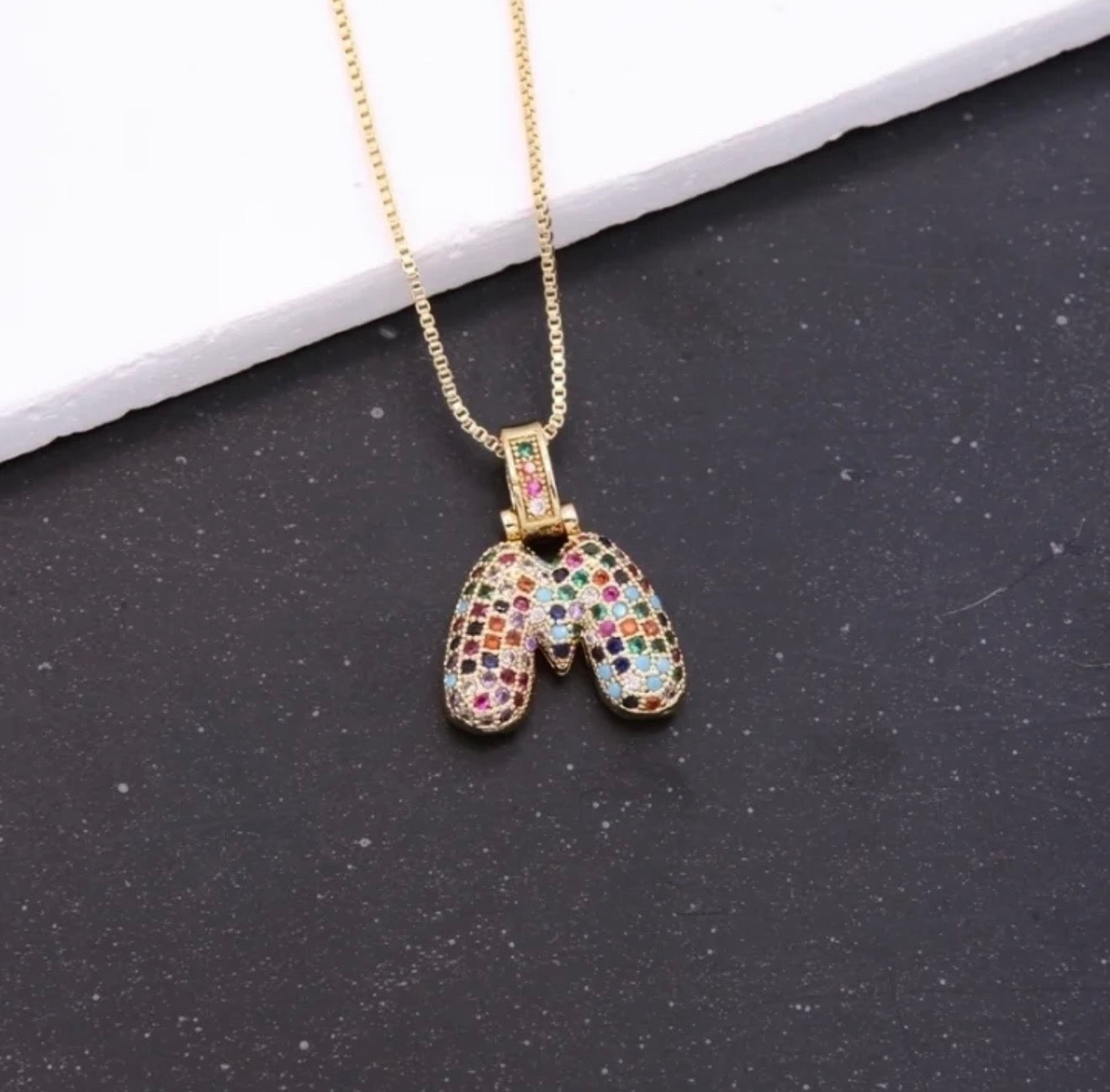 Puffy Rainbow CZ Initial Necklace