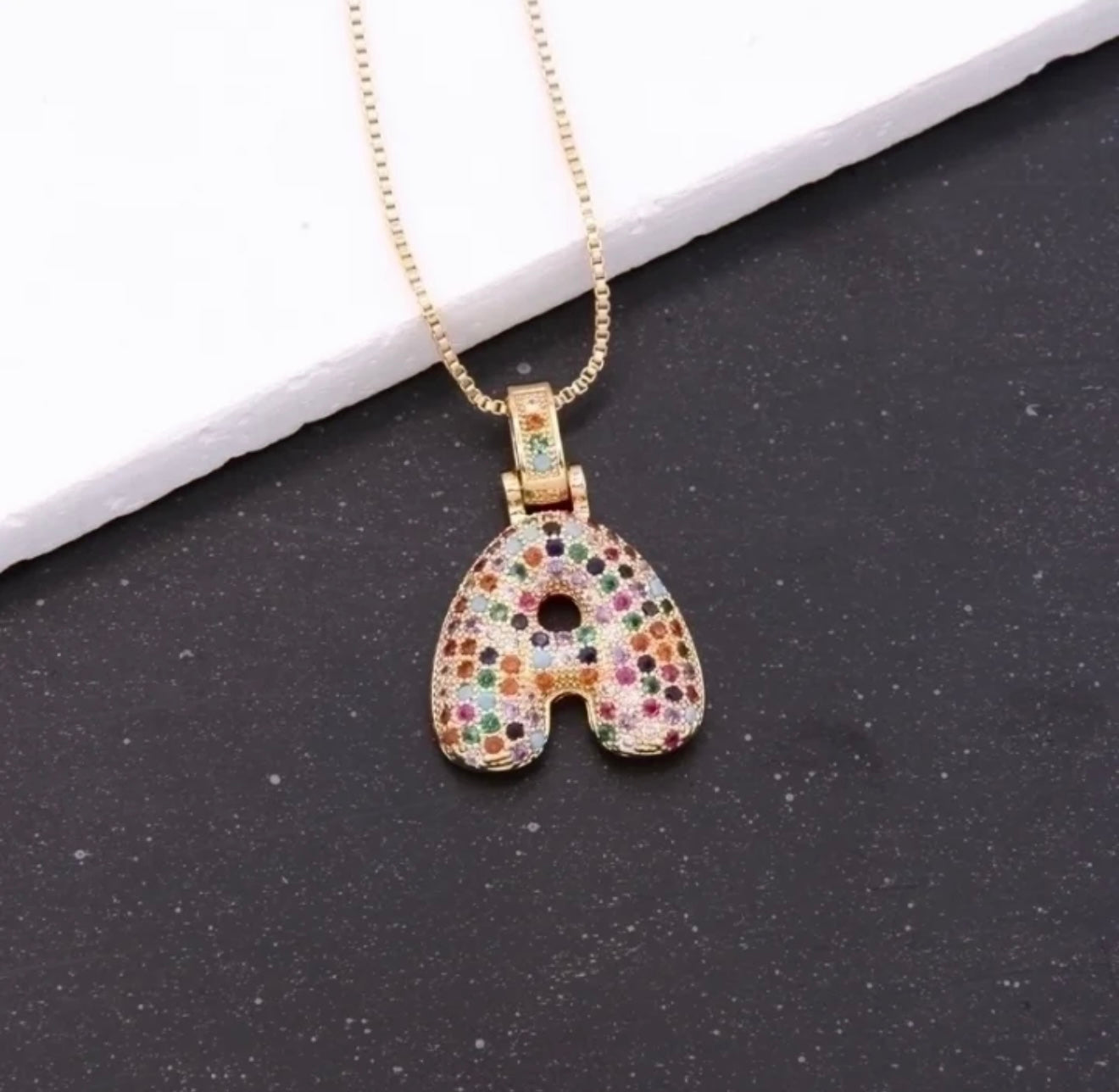 Puffy Rainbow CZ Initial Necklace