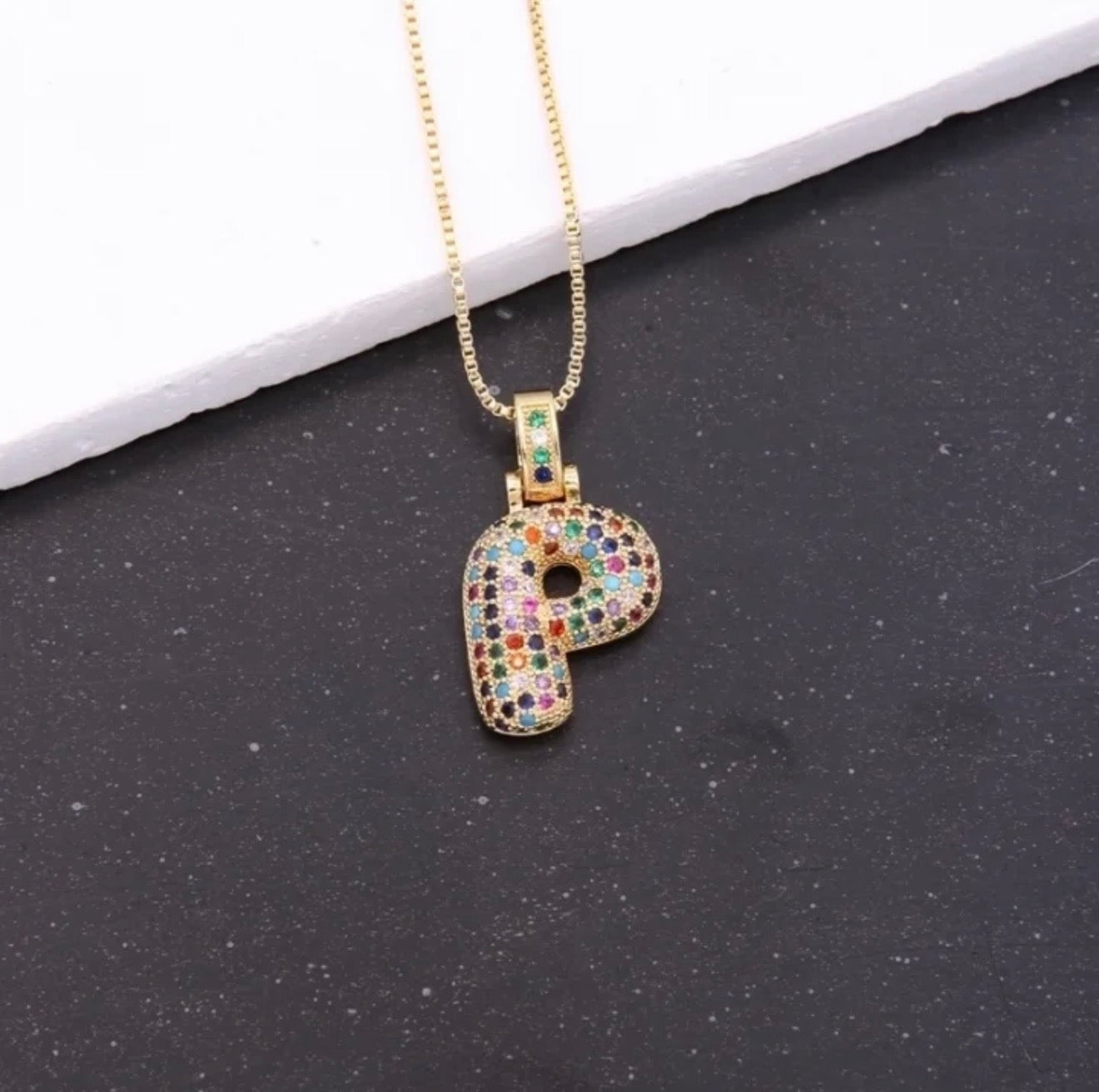 Puffy Rainbow CZ Initial Necklace