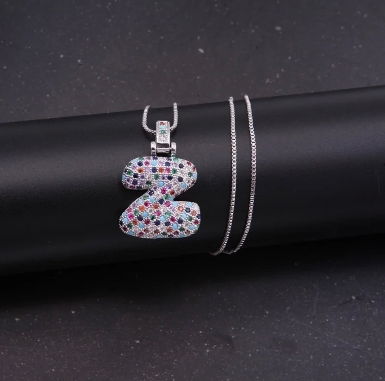 Puffy Rainbow CZ Initial Necklace