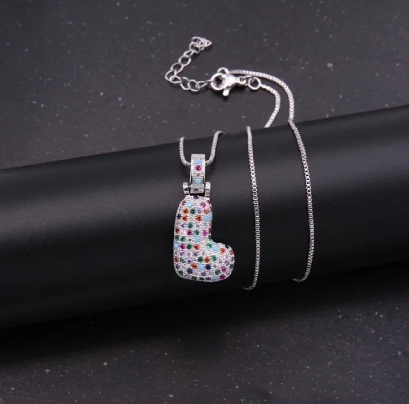 Puffy Rainbow CZ Initial Necklace