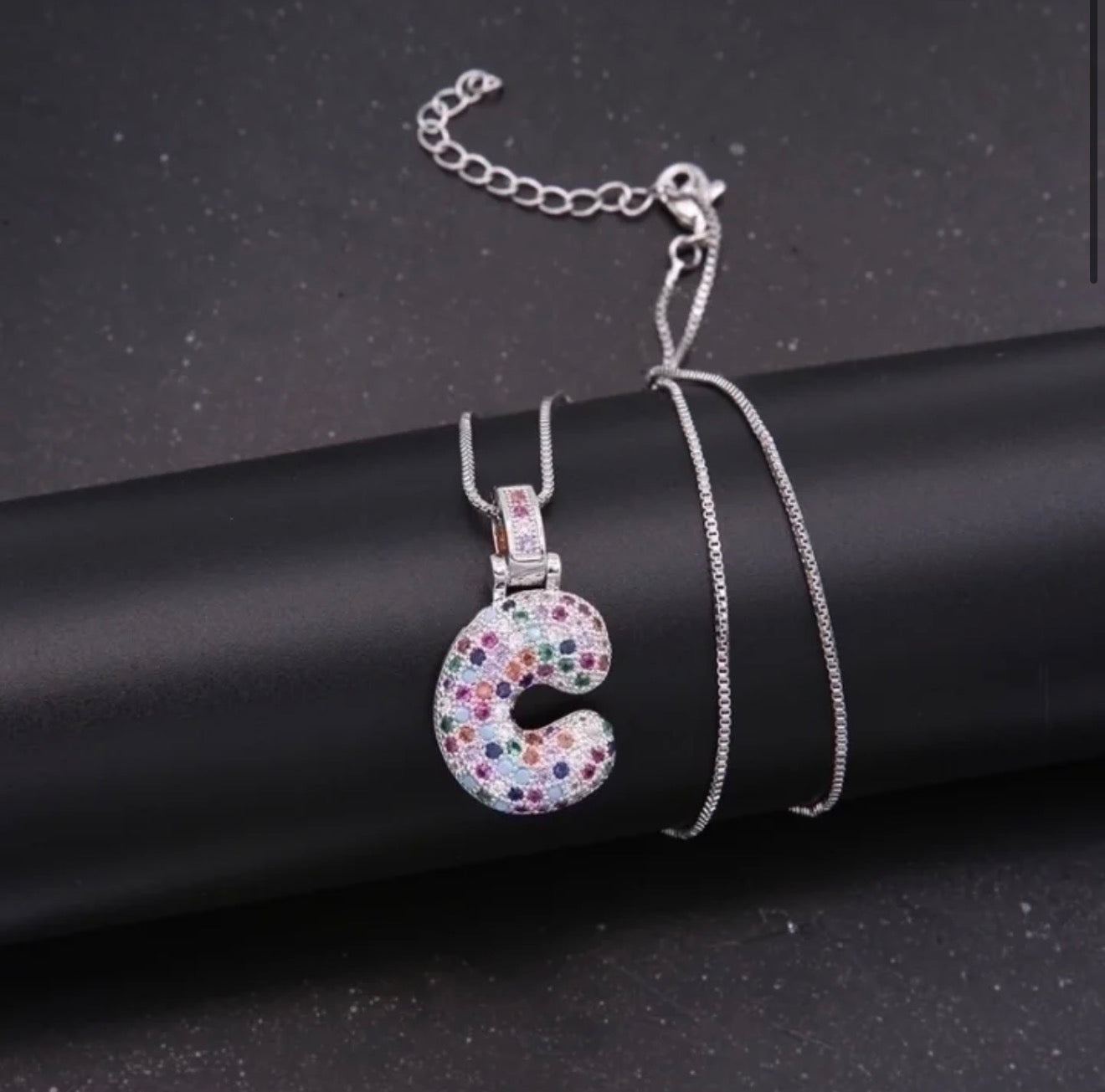 Puffy Rainbow CZ Initial Necklace