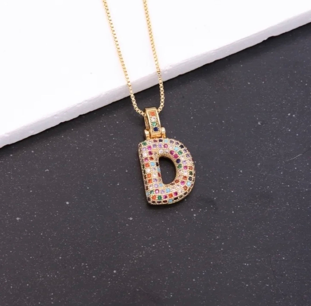 Puffy Rainbow CZ Initial Necklace