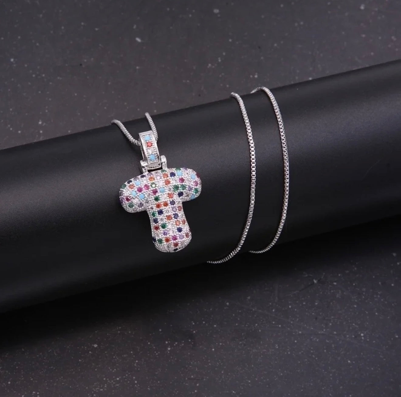 Puffy Rainbow CZ Initial Necklace