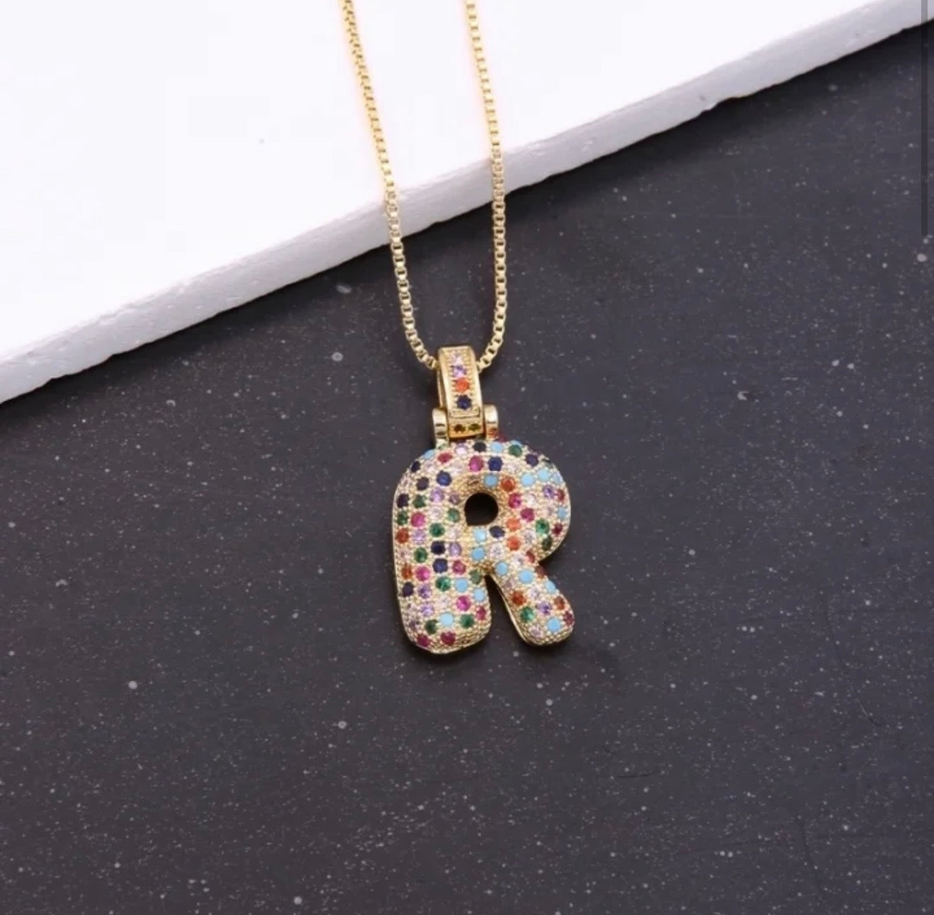 Puffy Rainbow CZ Initial Necklace