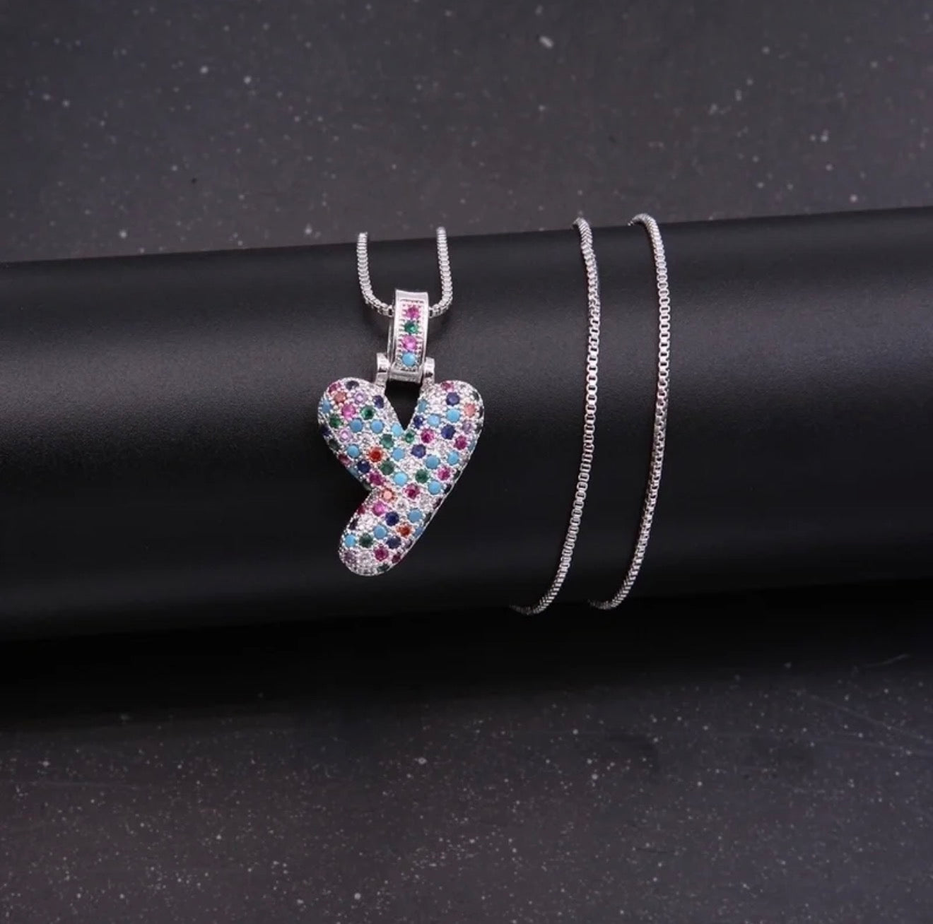 Puffy Rainbow CZ Initial Necklace
