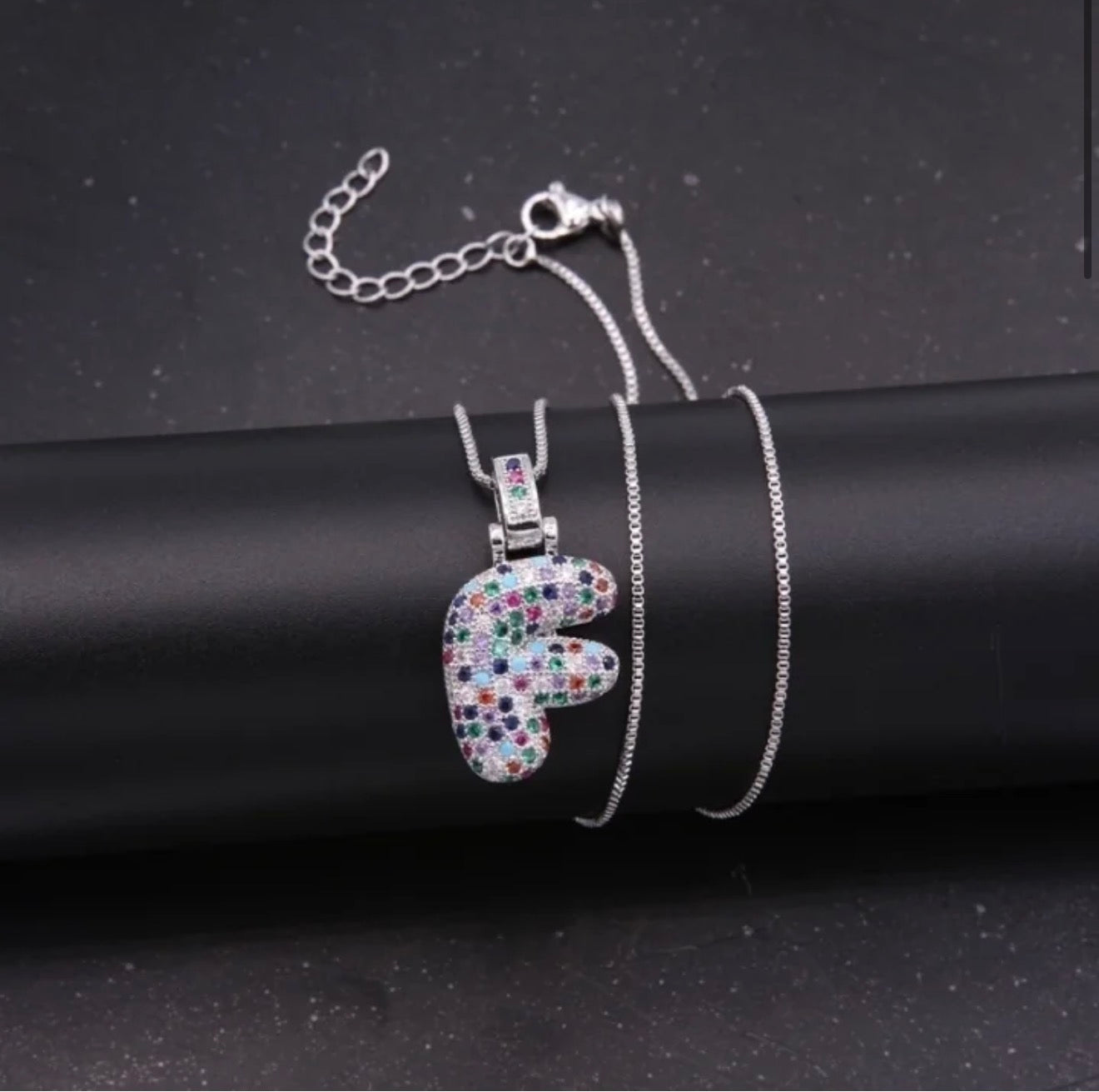 Puffy Rainbow CZ Initial Necklace