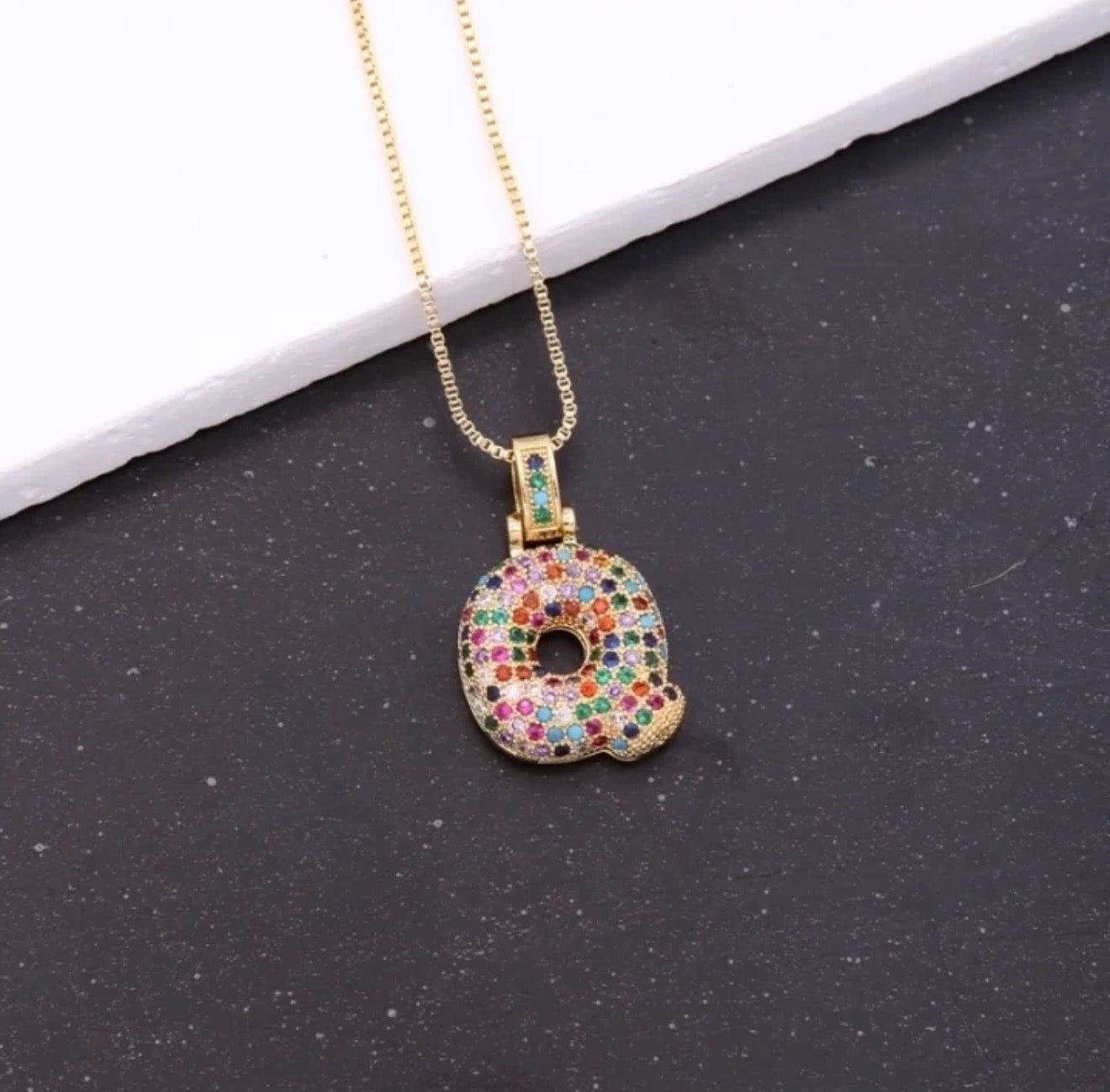 Puffy Rainbow CZ Initial Necklace