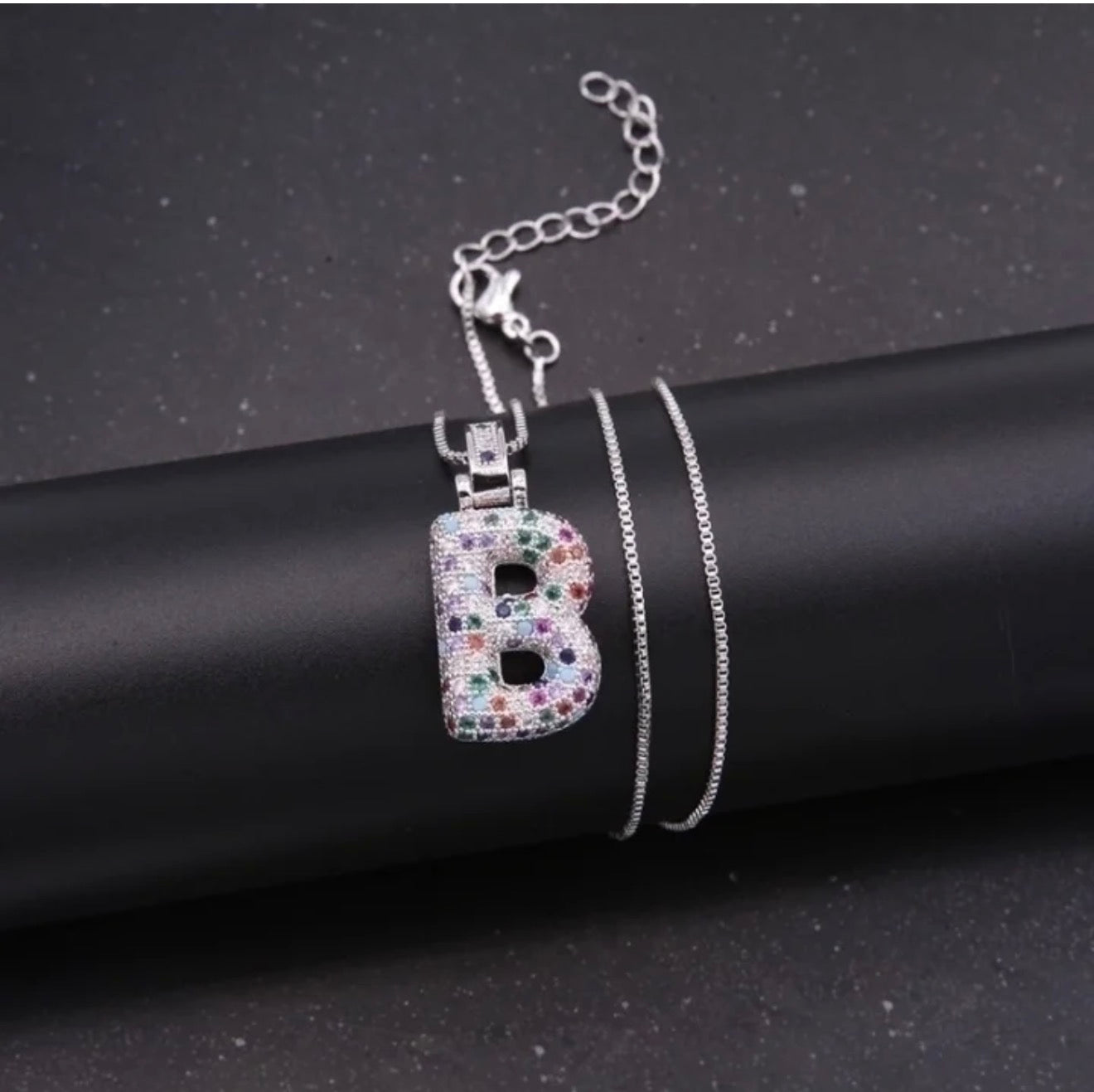 Puffy Rainbow CZ Initial Necklace