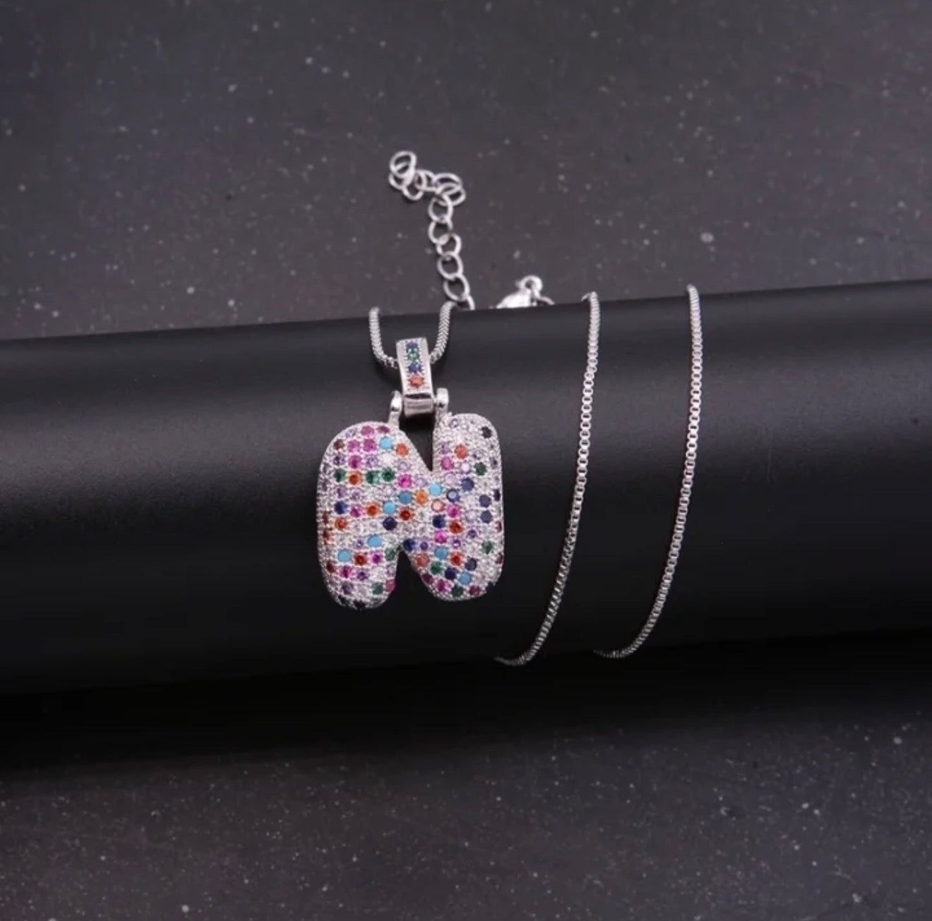 Puffy Rainbow CZ Initial Necklace