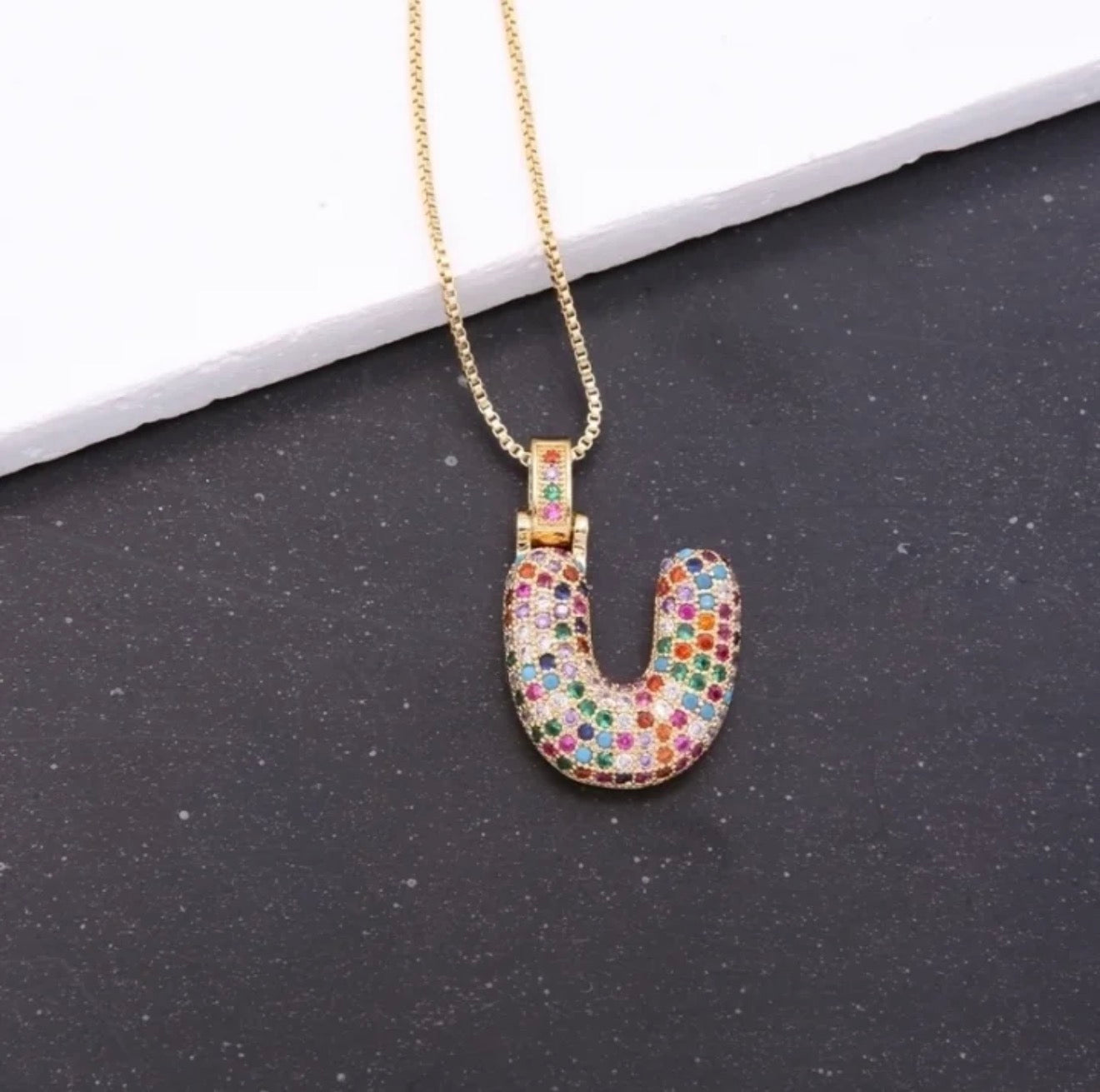 Puffy Rainbow CZ Initial Necklace