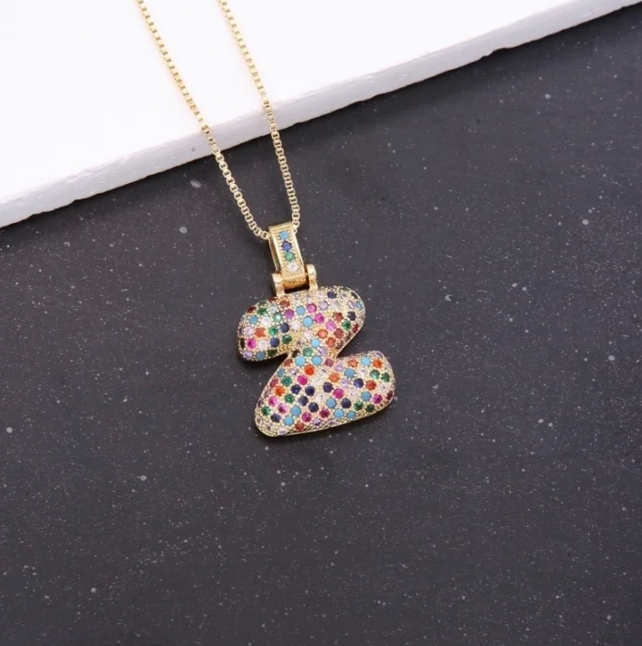 Puffy Rainbow CZ Initial Necklace