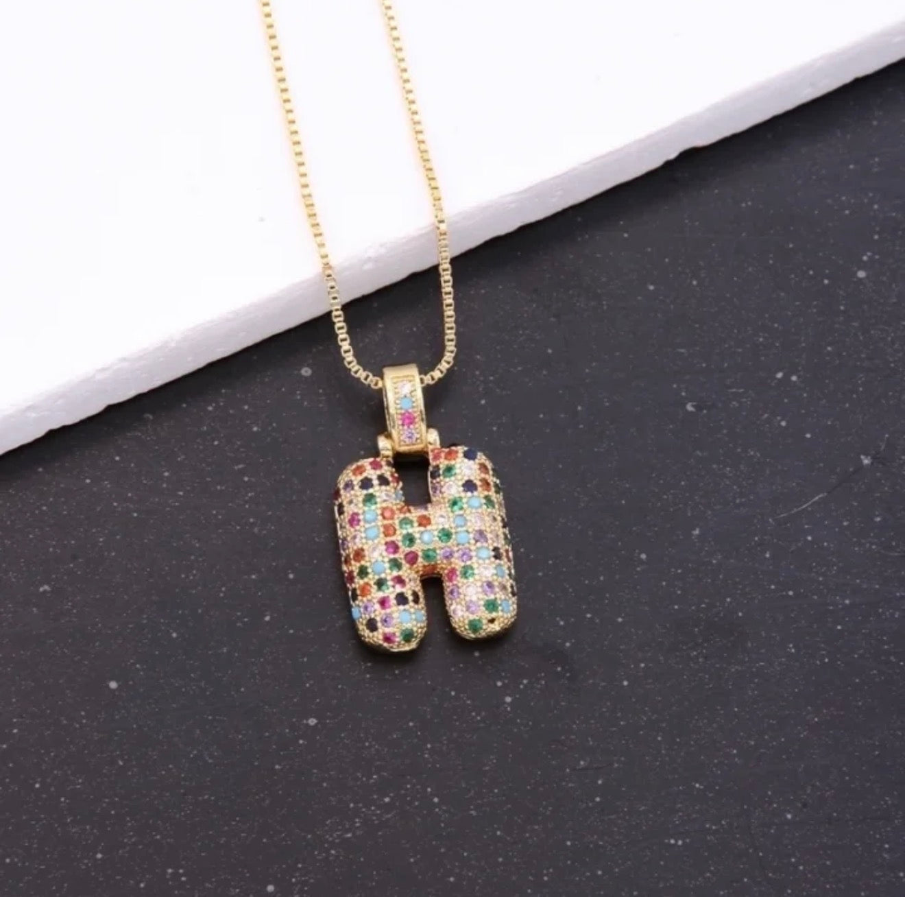 Puffy Rainbow CZ Initial Necklace
