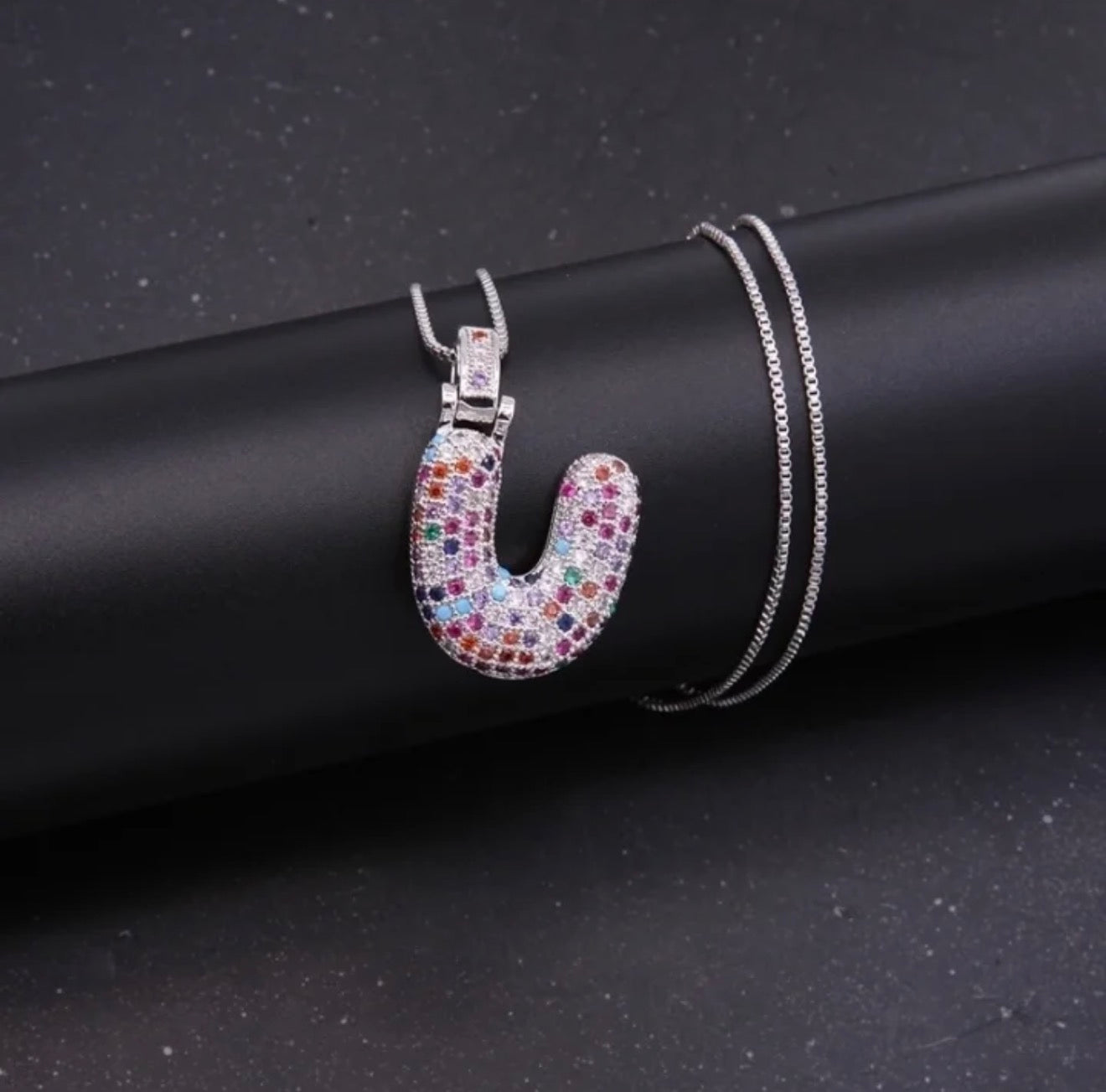 Puffy Rainbow CZ Initial Necklace