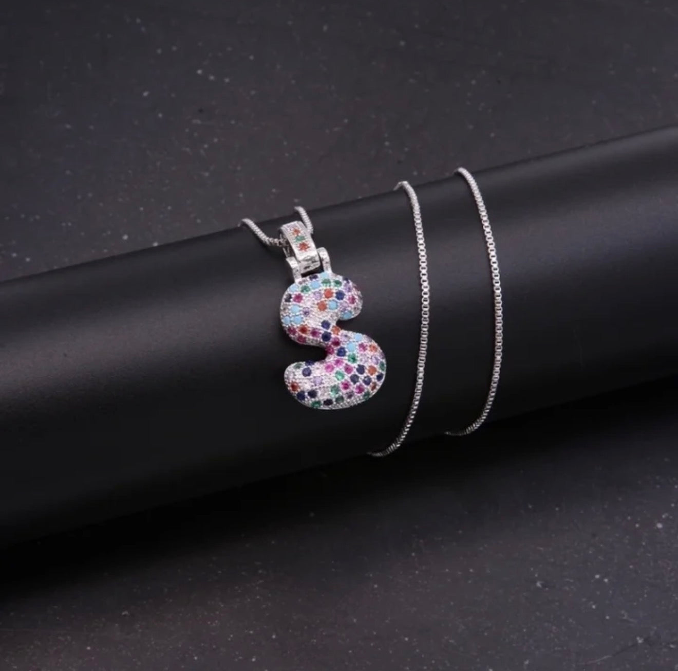 Puffy Rainbow CZ Initial Necklace
