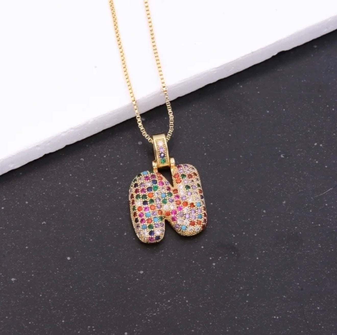 Puffy Rainbow CZ Initial Necklace