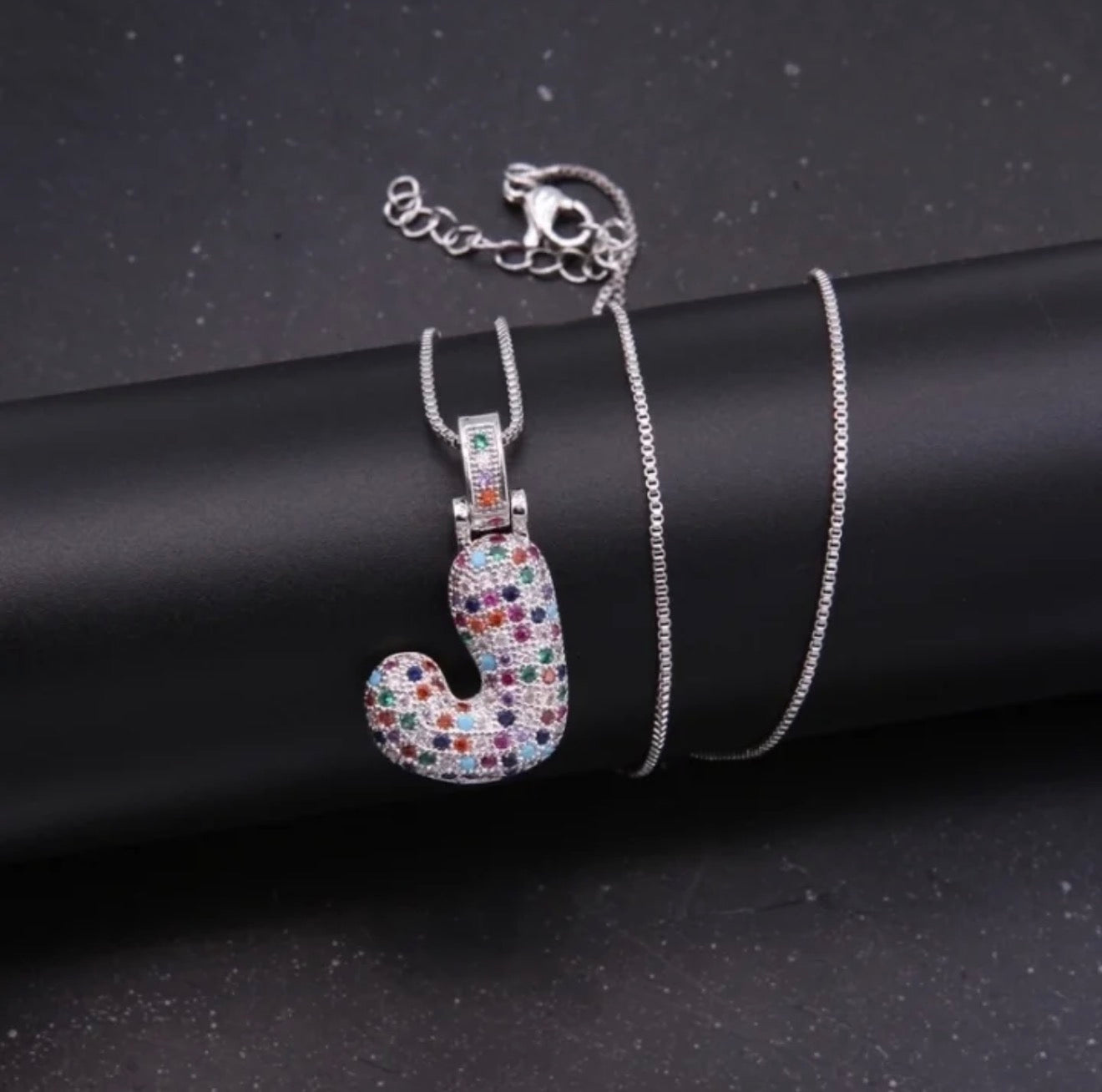 Puffy Rainbow CZ Initial Necklace