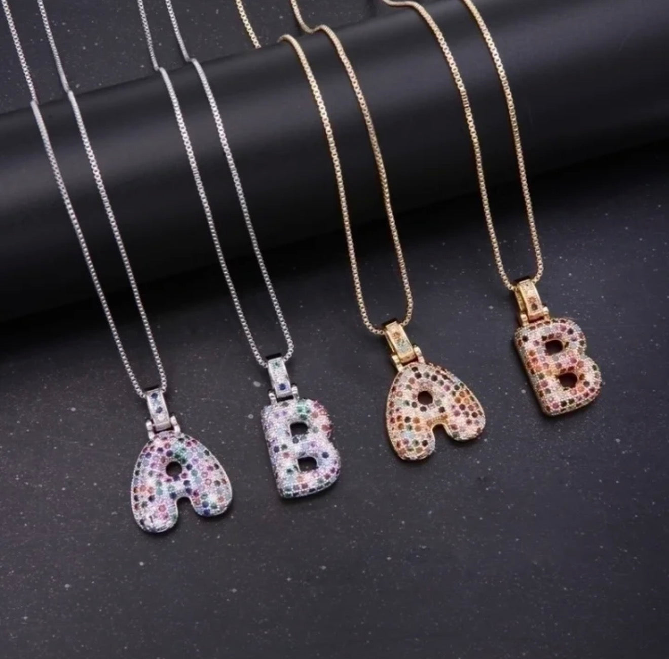 Puffy Rainbow CZ Initial Necklace