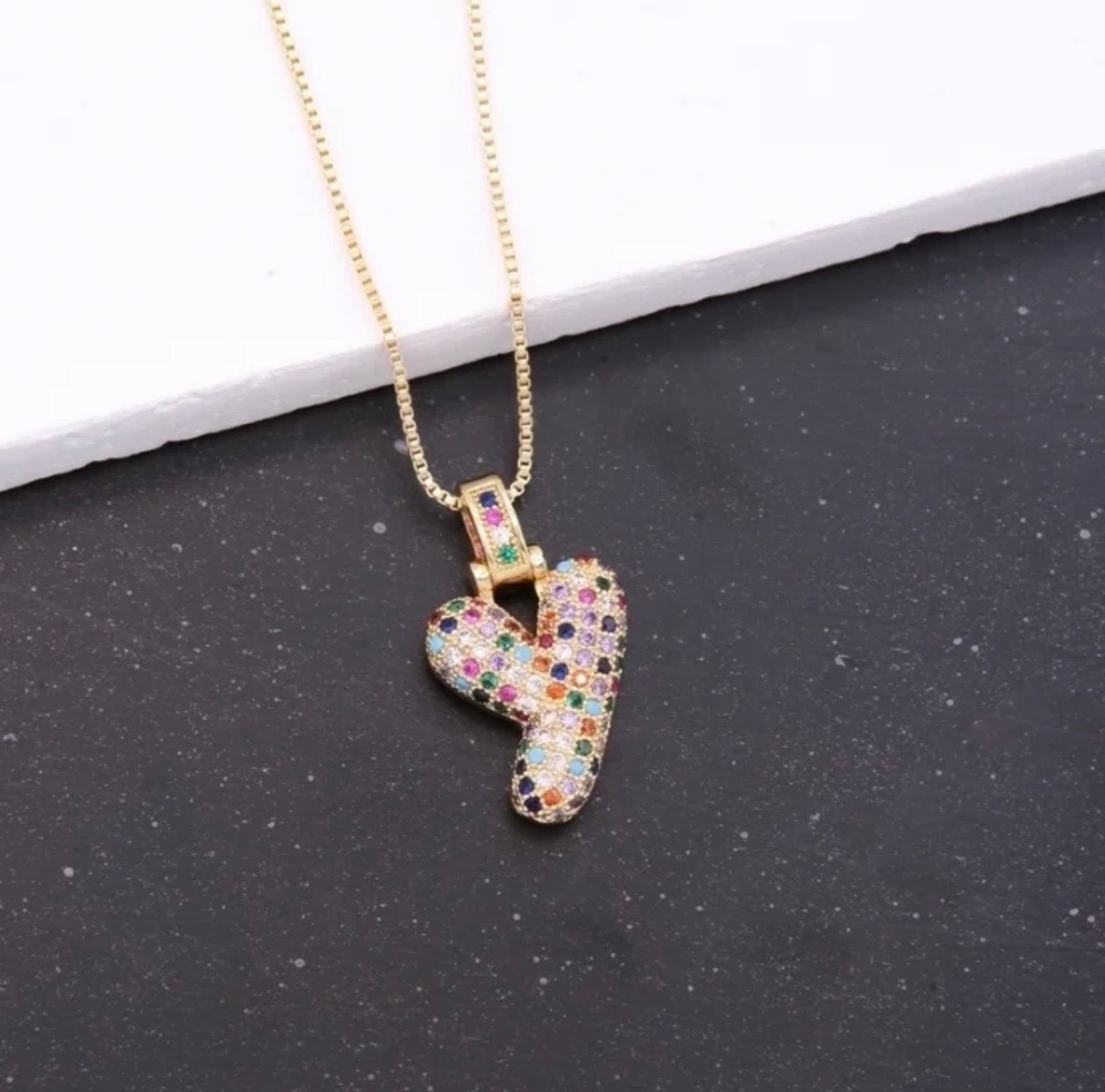 Puffy Rainbow CZ Initial Necklace