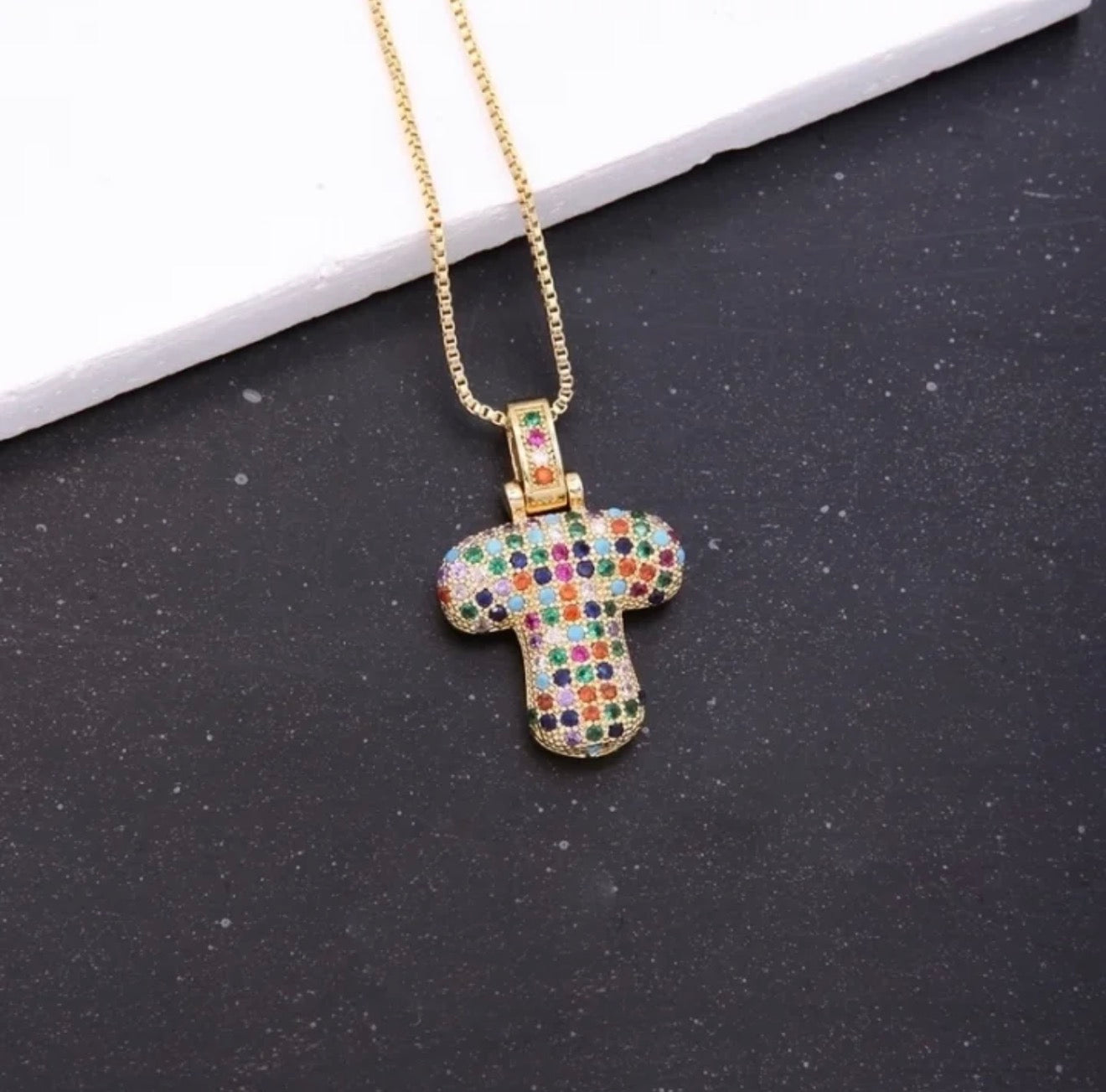 Puffy Rainbow CZ Initial Necklace